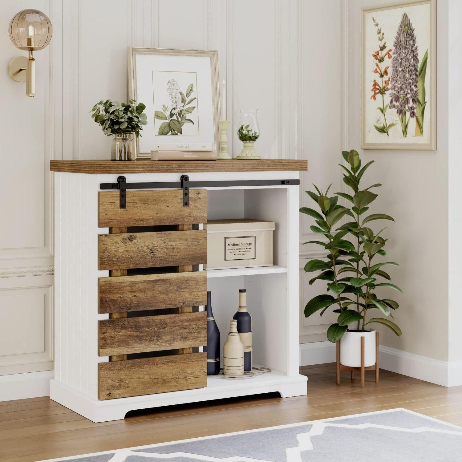 LuxusKollektion Buffet Sideboard Schiebetür verstellbares Regal Vintagebraun Weiß