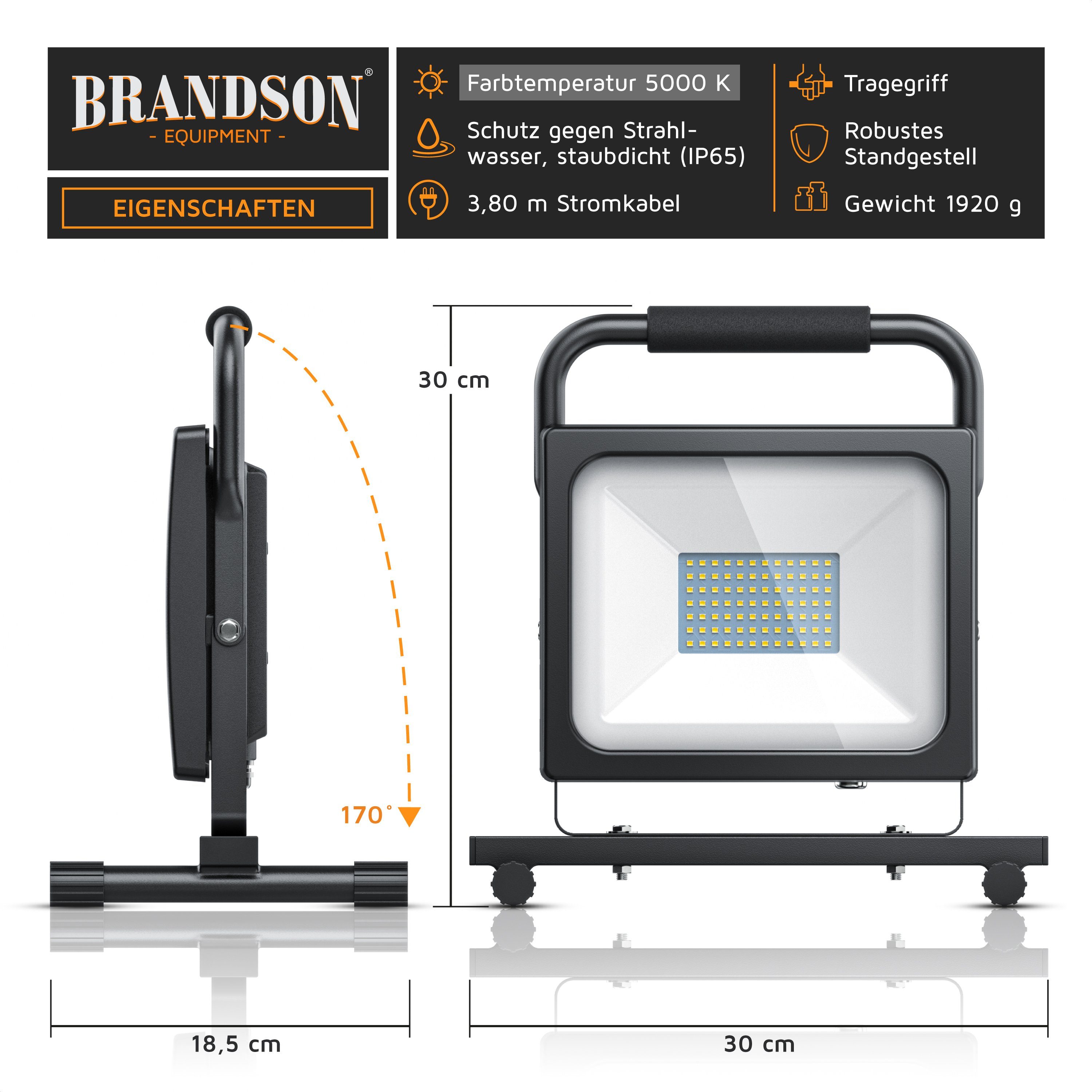 Brandson 60W - integriert, - Baustrahler, Bauscheinwerfer LED fest Baustrahler Kaltweiß, Arbeitsleuchte LED