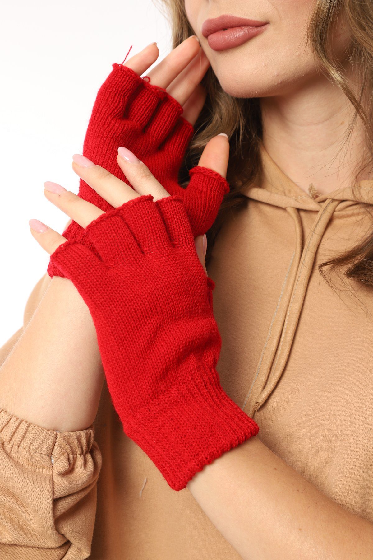 Strickhandschuhe Herren herémood Rot Rippstrick Damen fingerlose Halbfinger Winterhandschuhe