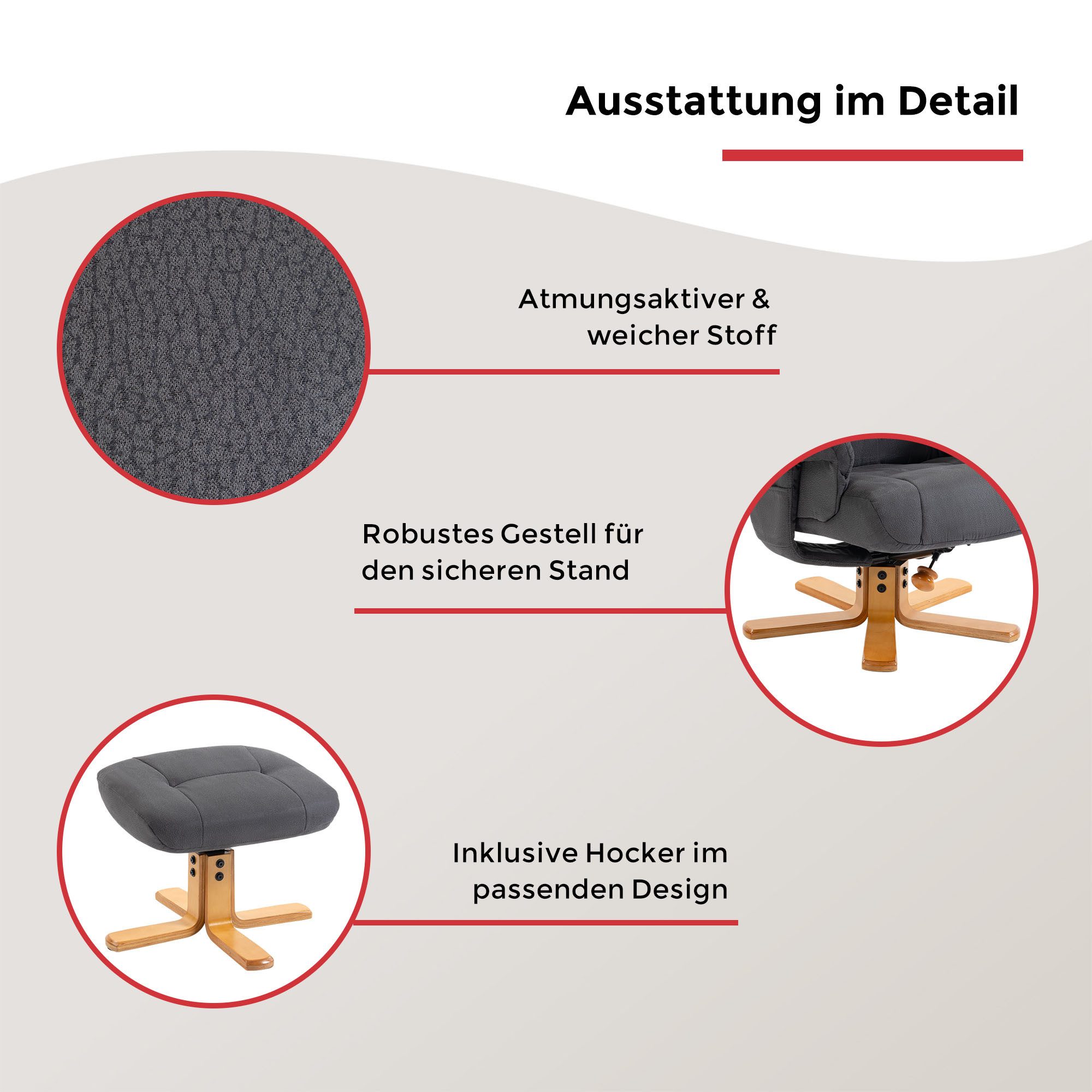 Duo Collection TV-Sessel Bordeaux, mit Hocker und Relaxfunktion, 360 Grad drehbar