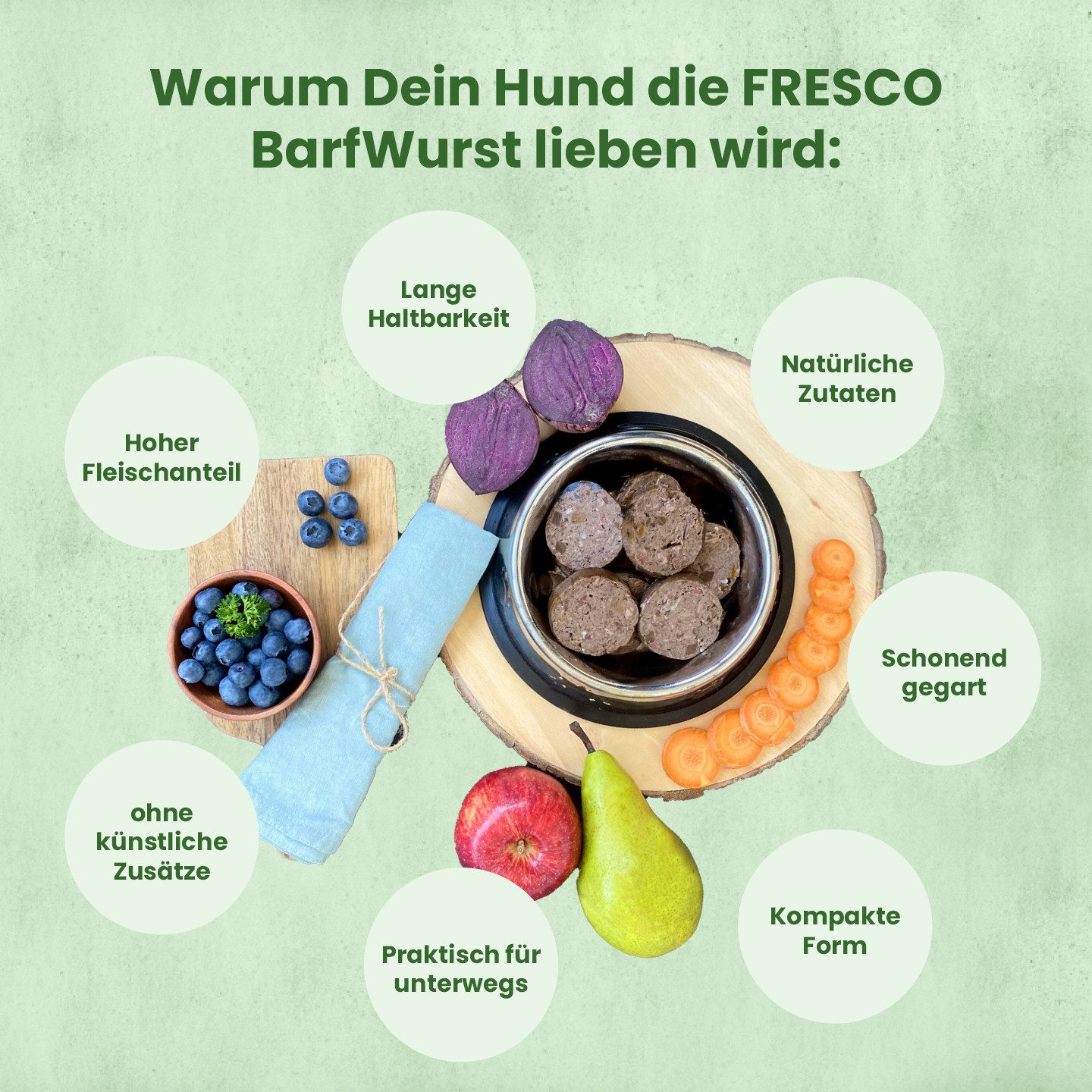 Fresco Dog BARF Hundewurst schnittfest PROBIERPAKET I 5 x 400g, Nassfutter für: Hunde, Getreidefrei, hoher Fleischanteil & salzfrei
