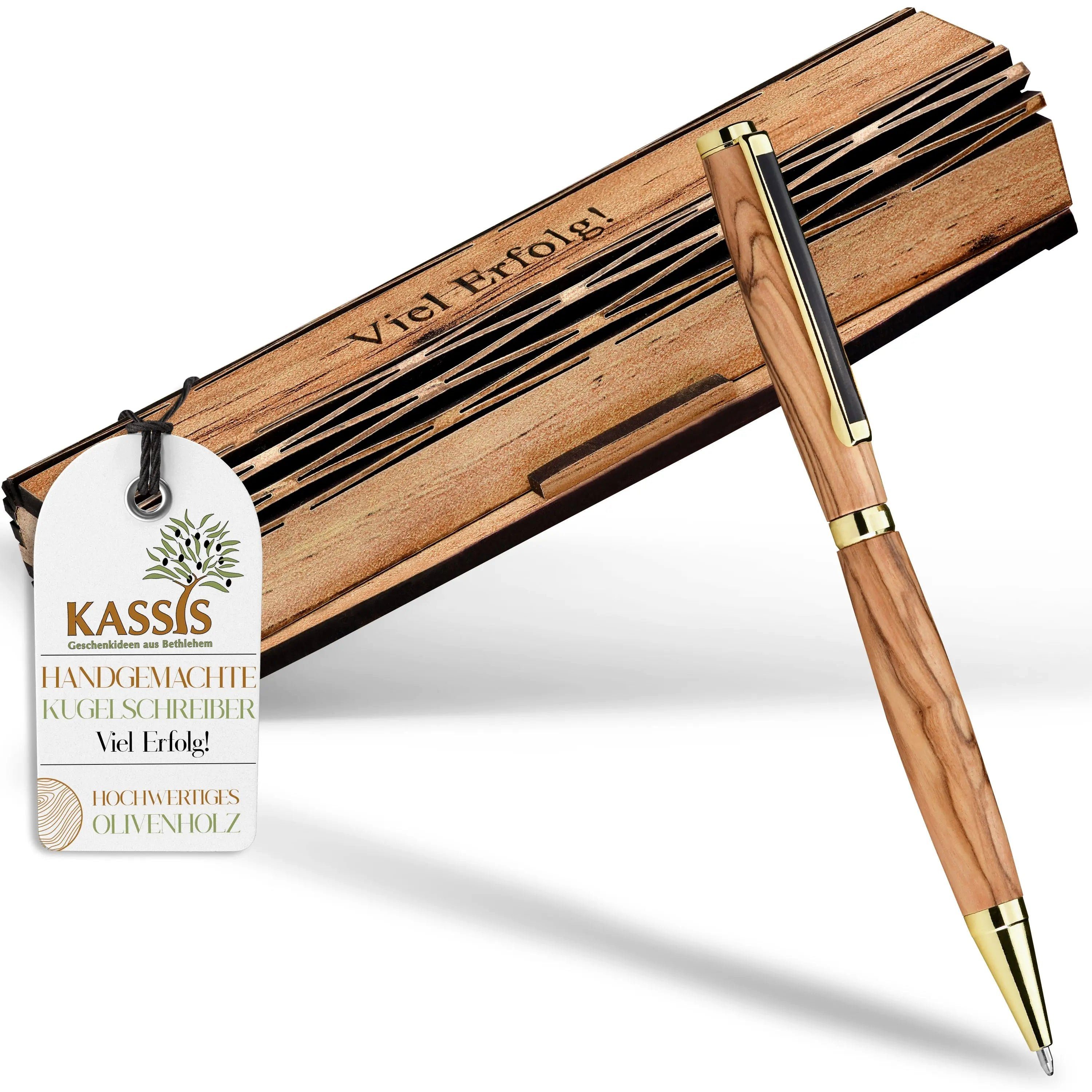 Kassis Dekoobjekt Kugelschreiber in Holzschachtel mit Gravur "Viel Erfolg", Olivenholzdeko, handgemacht, Naturprodukt, aus Bethlehem