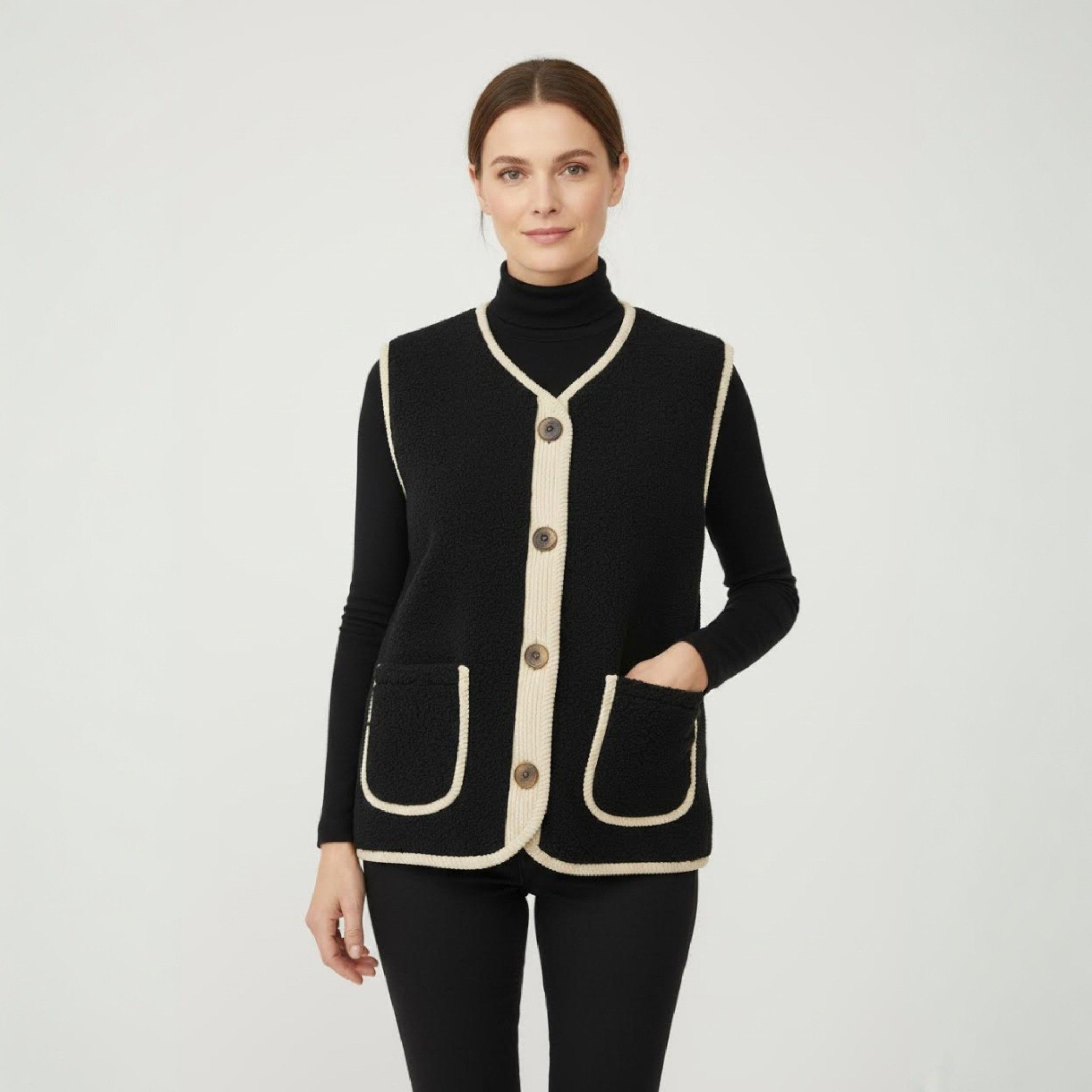 May Gem Kurzweste Damen Kurzweste im Bouclé Stil mit Samt Details 38-42 Einheitsgröße - 38-40 (lässig) & 40-42 (klassisch)