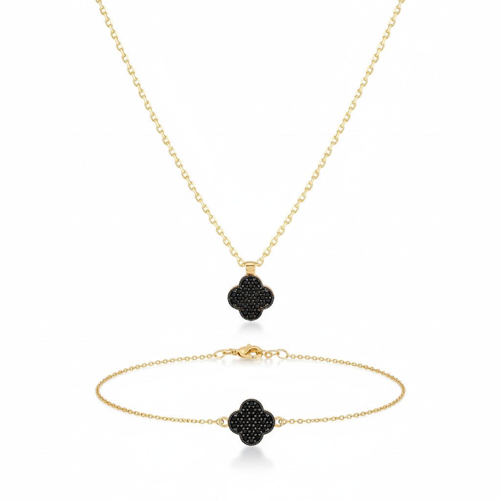 Suzan Gold Schmuckset Veloura – 375 Gold Kette & Armband mit schwarzem Kleeblatt