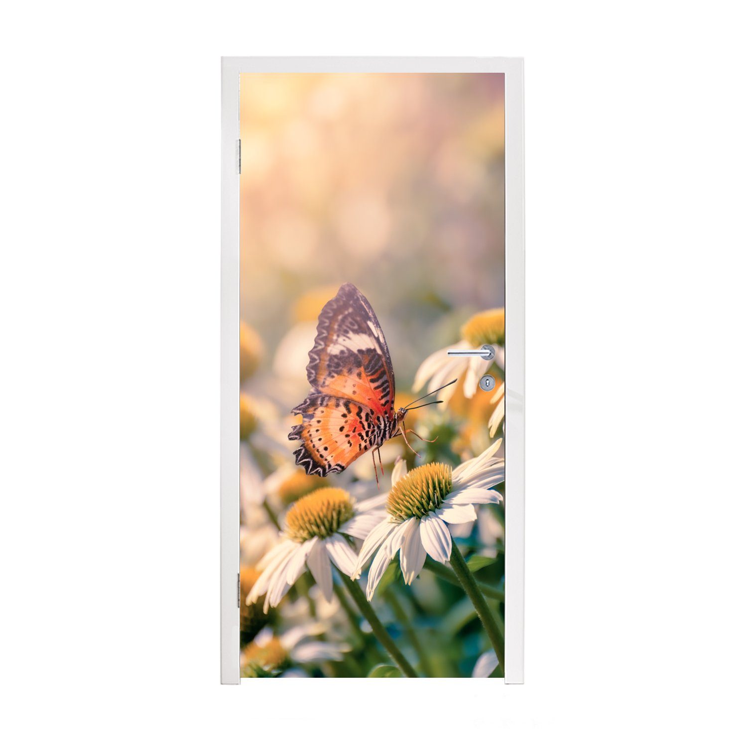 MuchoWow Türtapete Schmetterling auf Kamillenblüte, Matt, bedruckt, (1 St), Fototapete für Tür, Türaufkleber, 75x205 cm