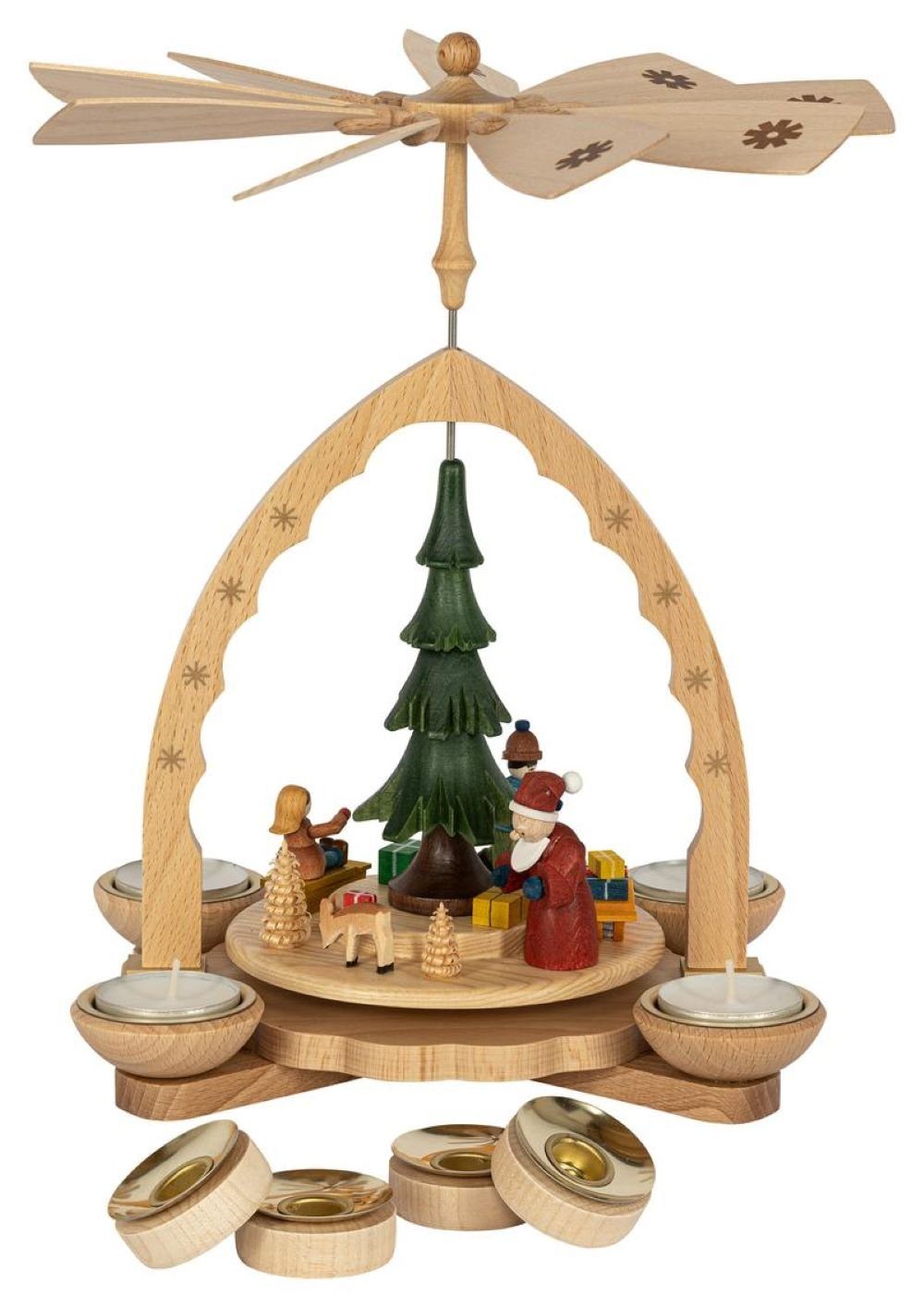 Richard Glaesser Weihnachtspyramide Pyramide Weihnachtswald bunt für Teelicht und Kerzen, Höhe 27 cm, Handwerkskunst aus dem Erzgebirge