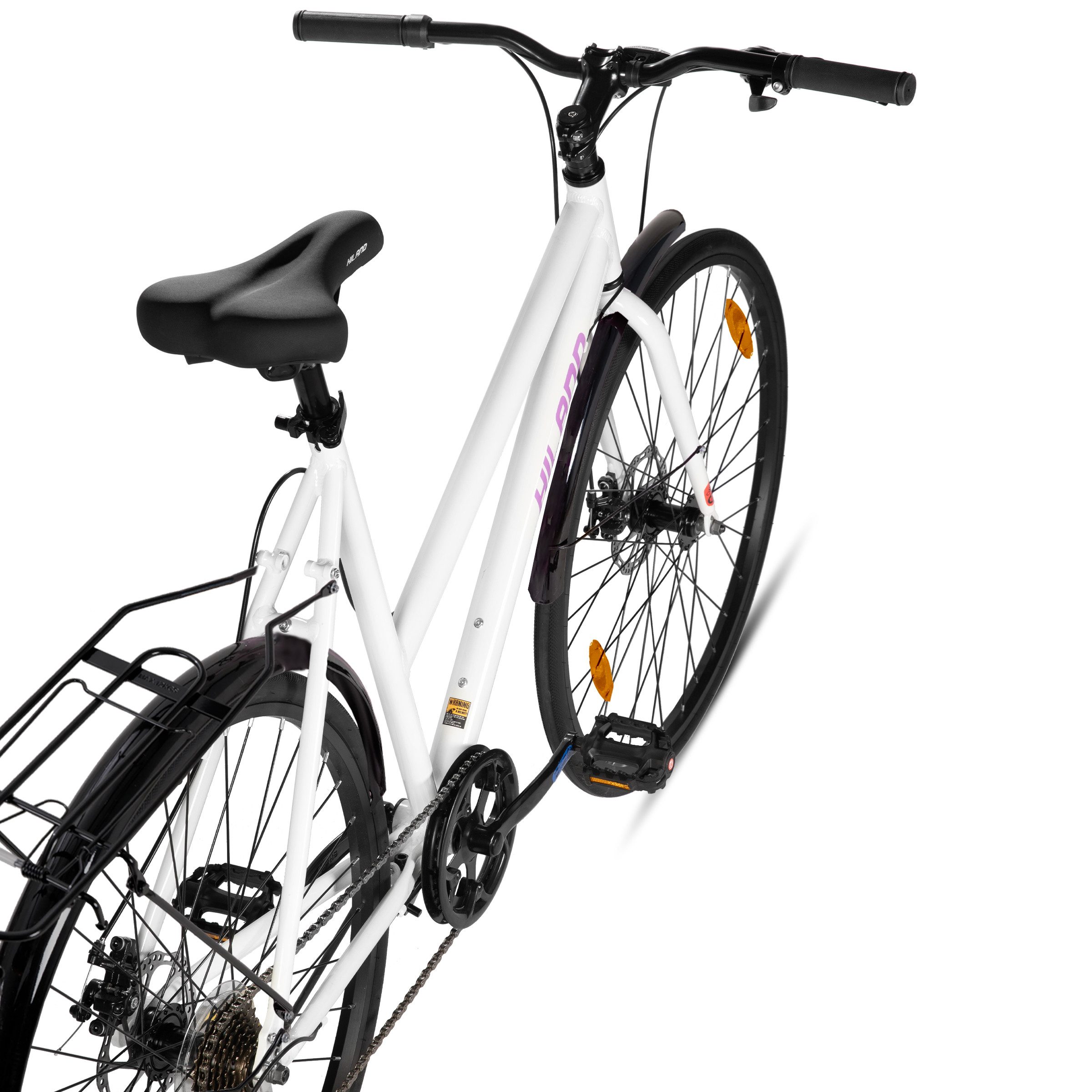 HILAND City Bike 700C Men's Women's Student Aluminum Alloy Commuter City Bike, 7-Speed, with Mudguards, Luggage Rack, Mechanical Disc Brakes