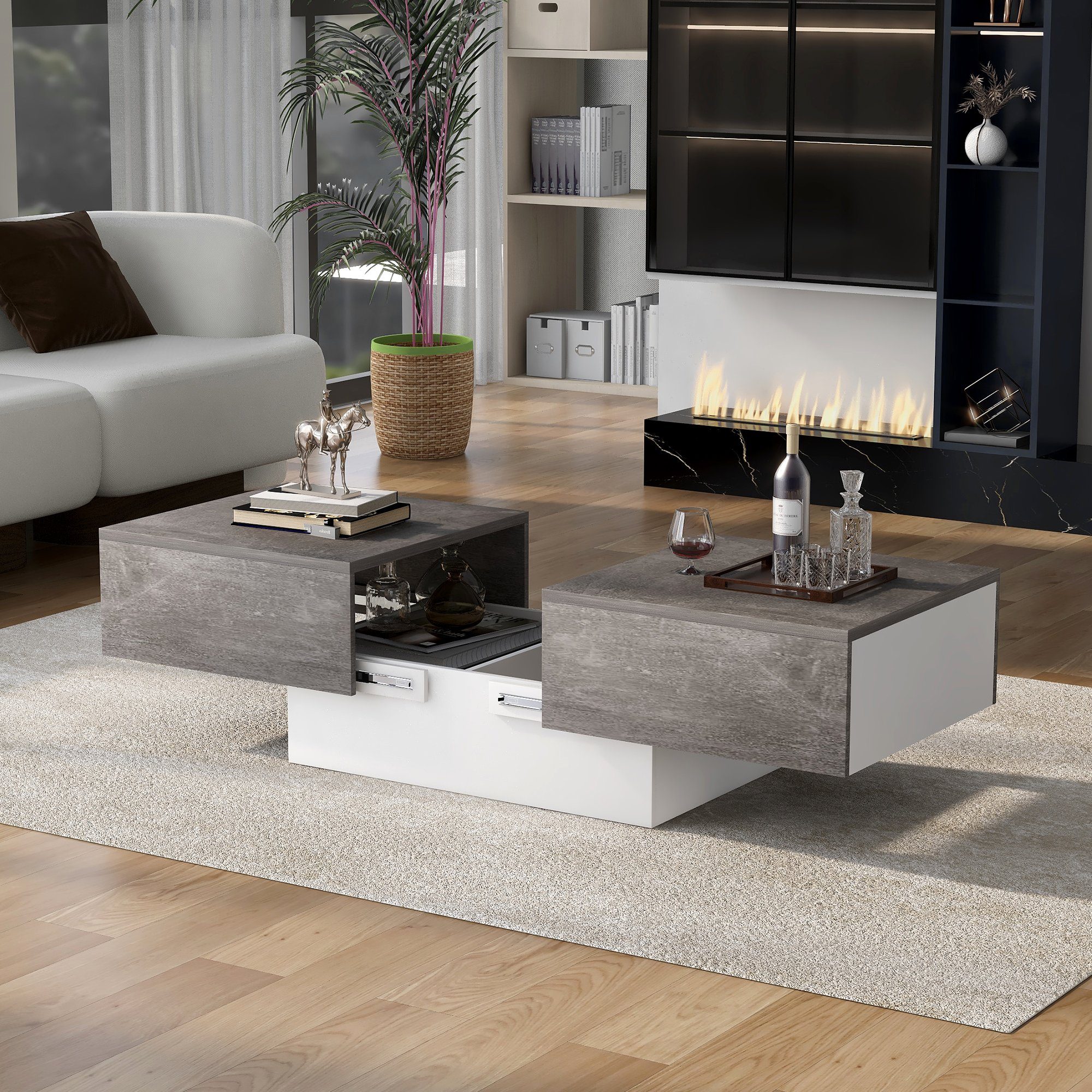 ausziehbarem Grau und Celya Couchtisch Hochglanz Weiß Sofatisch Tisch für Wohnzimmer, mit Stauraum