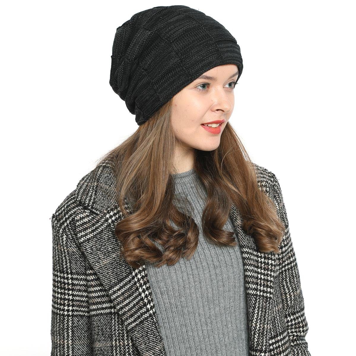 Strickmütze DonDon Beanie und Teddyfleece warme Schlauchmütze Flechtmuster Damen Wintermütze, (Packung, schwarz-grau Beanie mit 1-St)