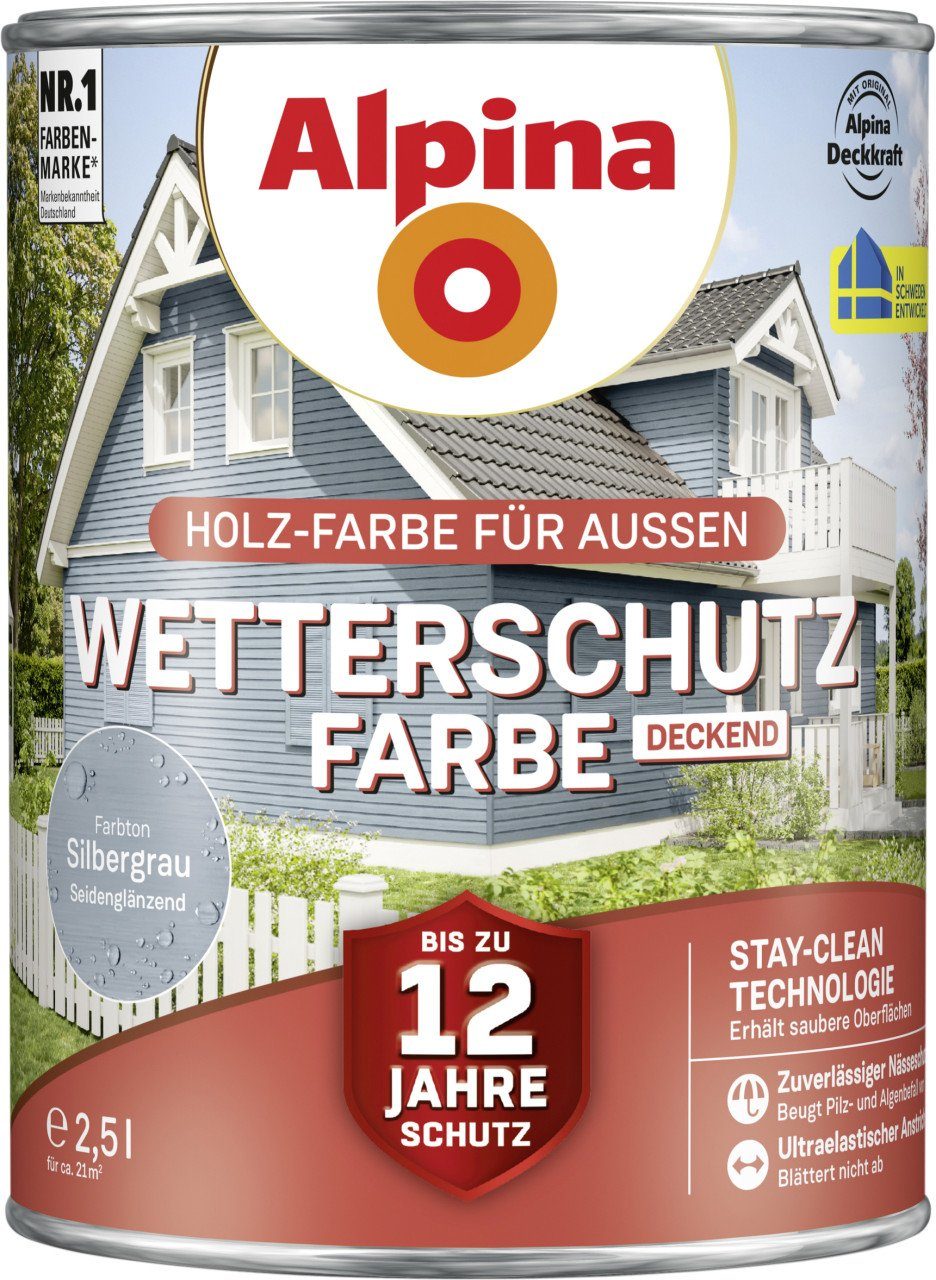 Alpina Holzschutzlasur Alpina Wetterschutzfarbe 2,5 L silbergrau – Bild 3 von 5