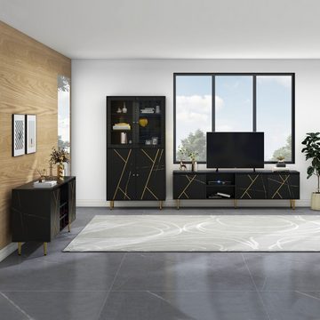 MODFU Sideboard TV-Lowboard (TV-Schrank für 90-Zoll-Fernseher mit 3 Türen, Großer 200x35x60 cm), modernem Schwarz-Gold-Design