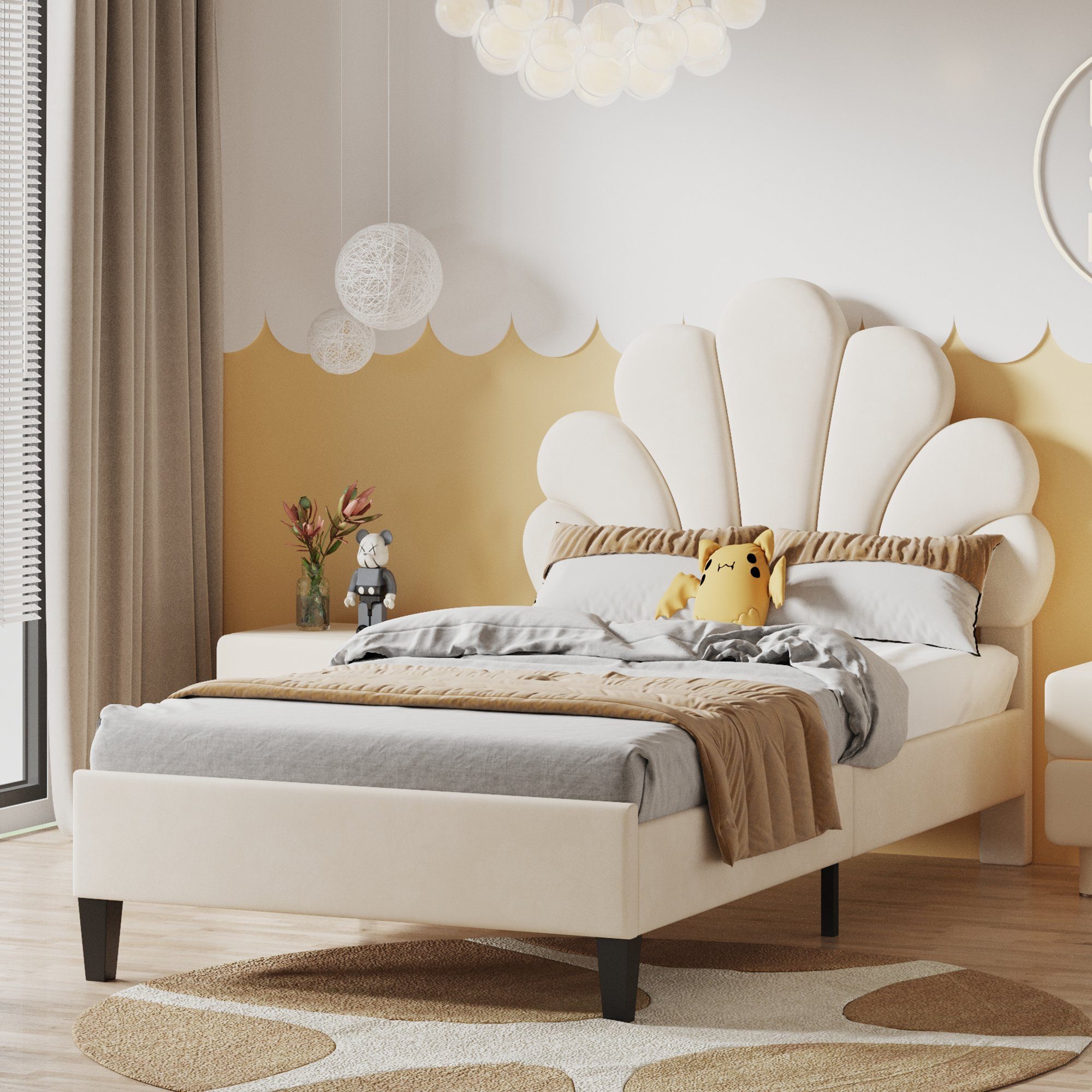 Blumenform Lattenrost, und hautfreundlichem Polsterbett cm Kinderbett 200 Einzelbett beige Gästebett Matratze Kopfteil (mit Ohne REDOM in Samtstoff), x 90