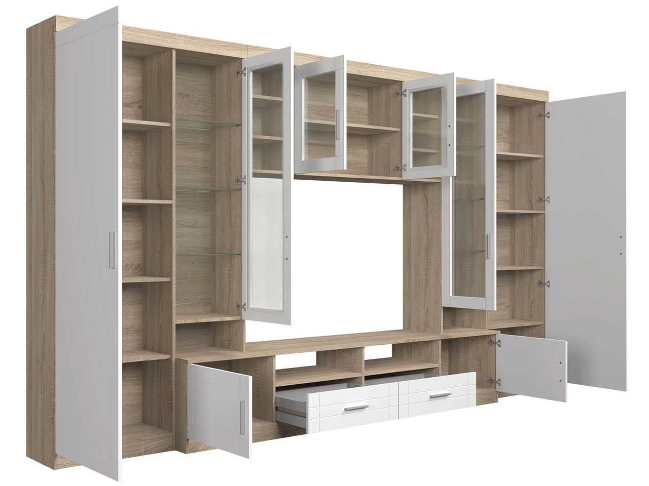 MIRJAN24 Wohnwand Paris, (Komplett-Set, Hochschranke, Hochvitrine, Wandregal, TV-Lowboard, Vitrine), LED-Beleuchtung als Zusatzoption