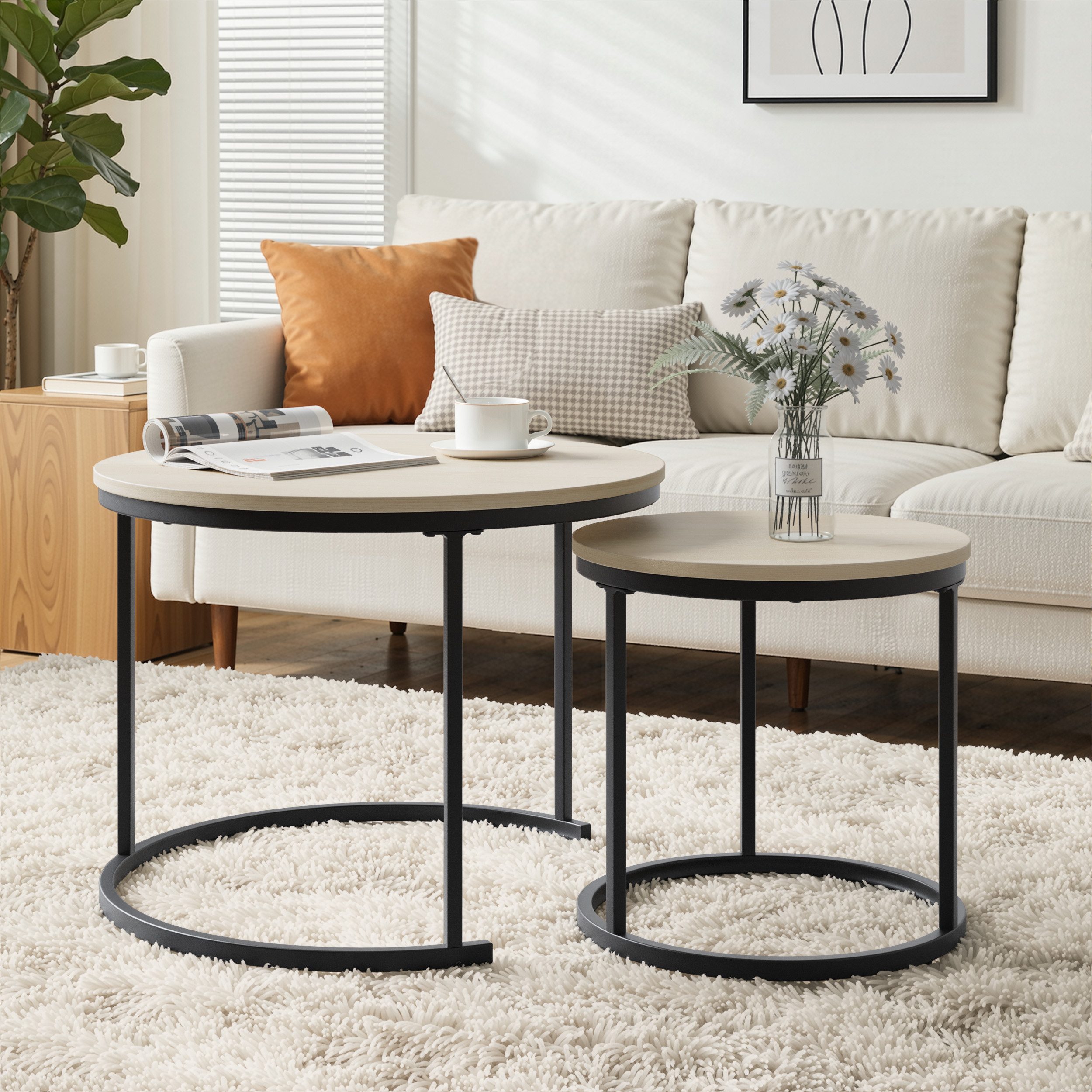 MODFU Couchtisch mit Eichenfurnier (Metallgestell, moderner Stil, geeignet für Wohnzimmer, Schlafzimmer, Balkon., 1-St., L60*W60*H45)