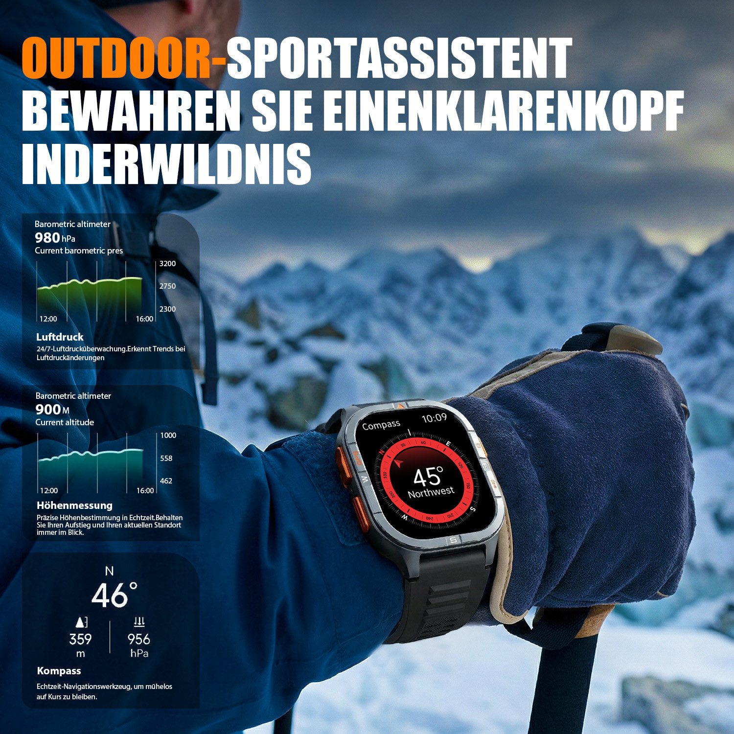 ANYSUN GPS Smartwatch Herren Militär mit LED Taschenlampen,Outdoor Smartwatch IP68 Wasserdicht Fitnessuhr,Kompass Smartwatch mit Telefonfunktion, Zwei Armbänder (Silikon + Metall), 100 Sportmodi, Pulsmesser,Schlafmonitor,Android/iOS