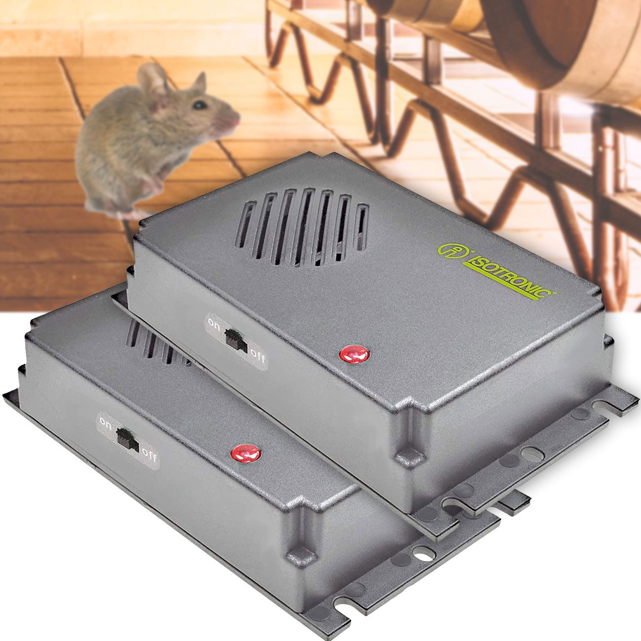 ISOTRONIC Ultraschall-Tierabwehr Mobiler Ultraschall Vertreiber, Mäuse & Ratten Abwehr, Batterie, 40m², 2-tlg., 1er/2er-Set, Batterie-Ultraschall-Abwehr gegen Mäuse & Ratten für bis zu 40m²