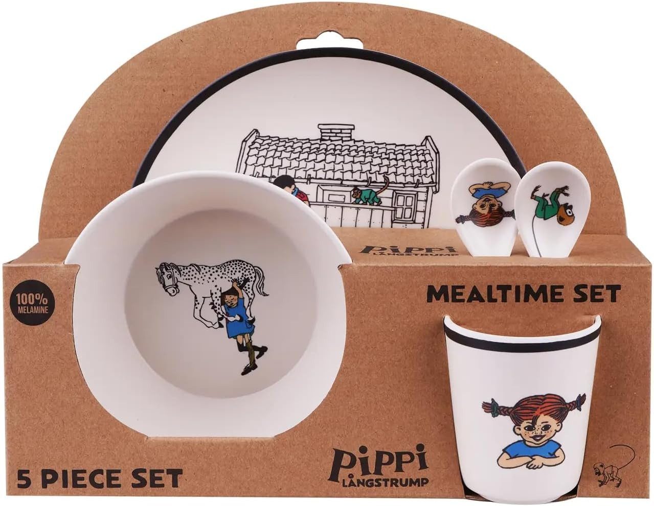 Barbo Toys Kindergeschirr-Set Pippi Langstrumpf Geschirr Teller- und Besteckset 5 Teilig Geschenk