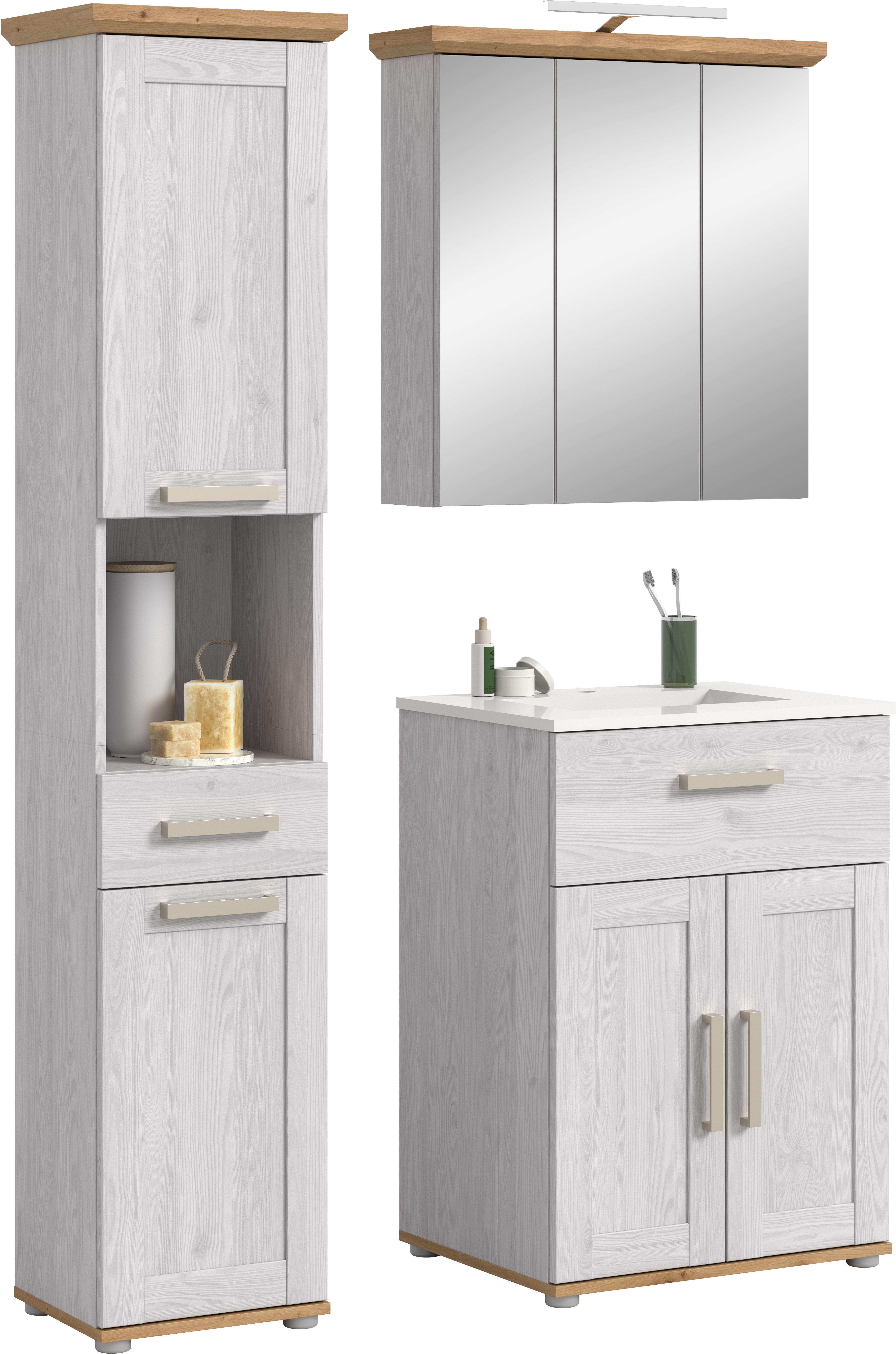 welltime Badmöbel-Set COSENZA, 3-teilig, inkl. Beleuchtung, mit farblich abgesetztem Kranz, (4-St., best.aus: Hochschrank, Waschtisch inkl. Waschbecken & Spiegelschrank), Bad-Kombination, Badezimmer, Kombi, Bad, Bad-Möbel