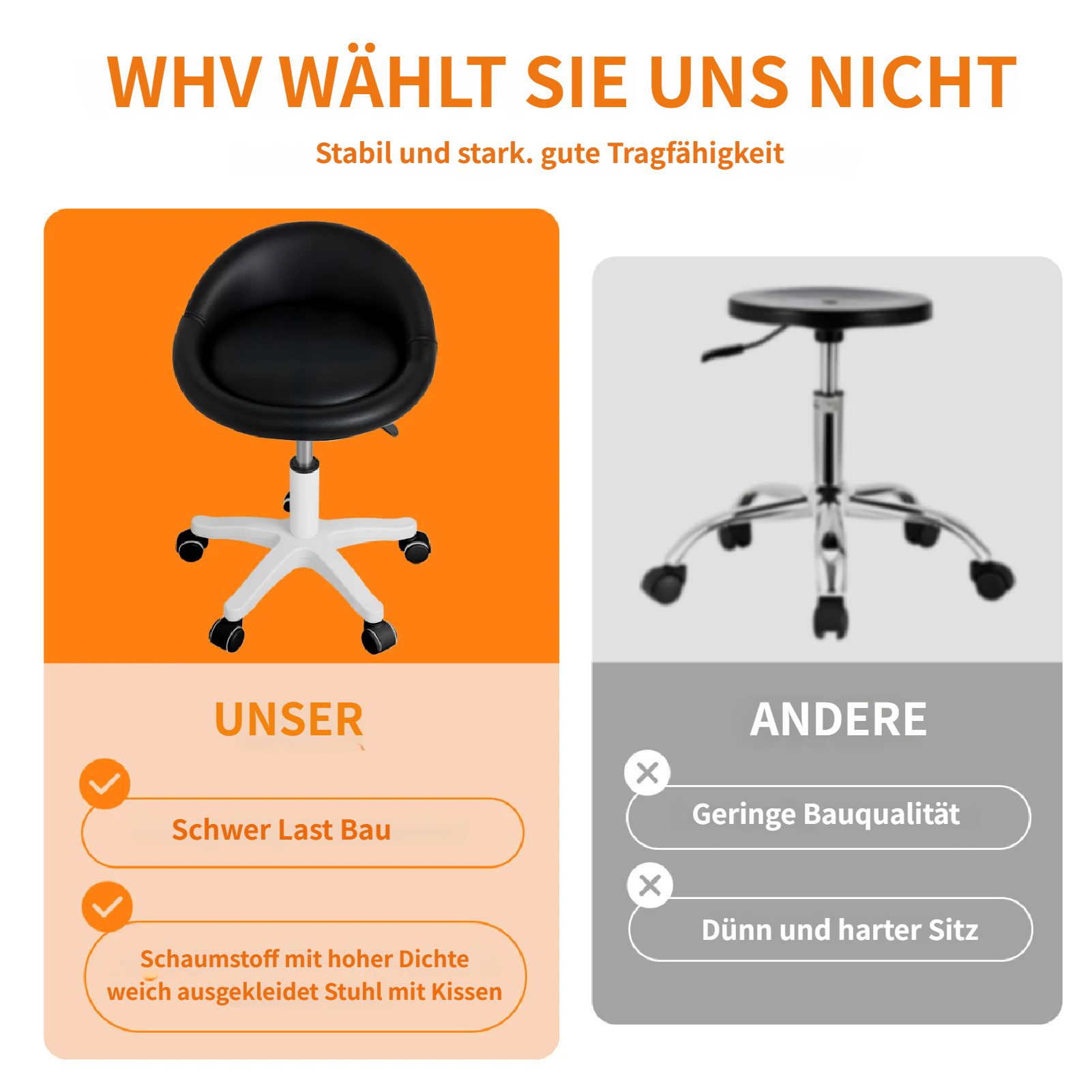 Rutaqian Drehhocker Rollsitz Höhenverstellbar 48-62 cm, Bürostuhl Salonstuhl mit Rädern (Set, 1 St., 1 x Arbeitshocker), 360° Drehbar Arbeitshocker,Schreibtisch – Bild 4 von 5