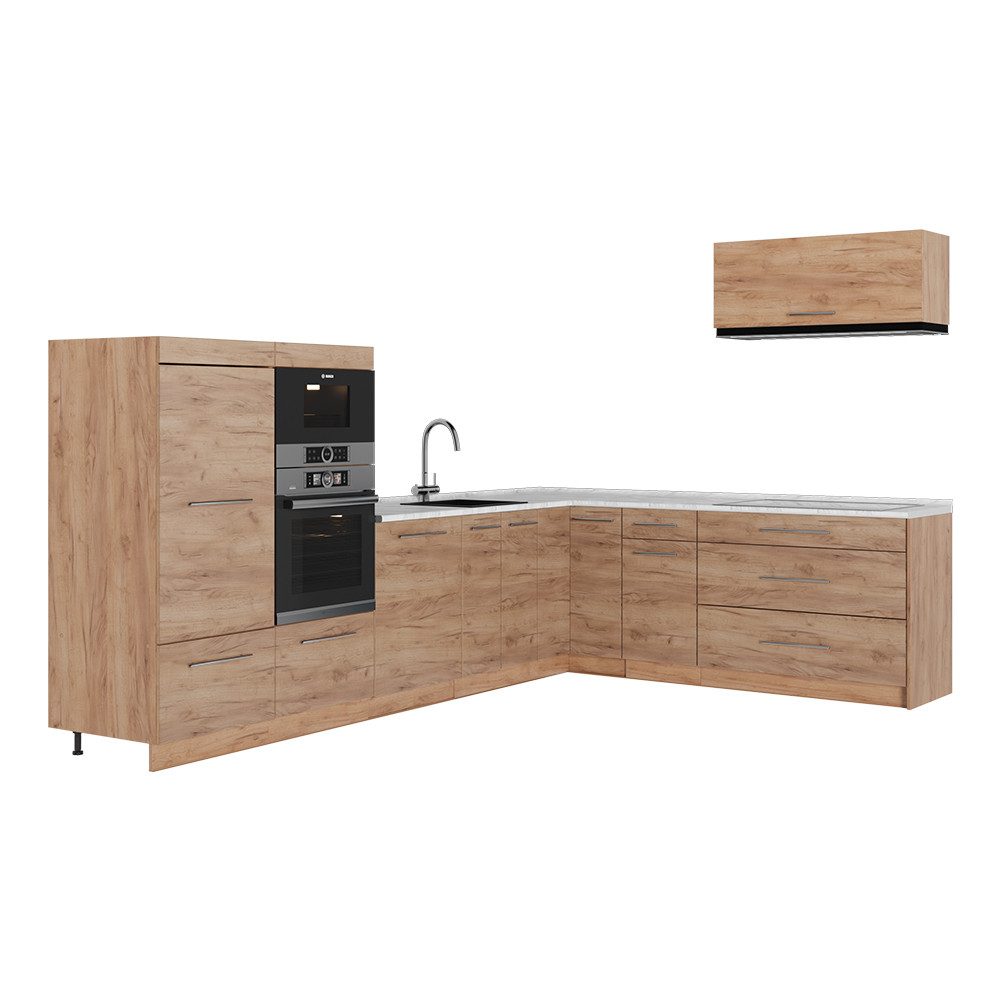 Vicco Winkelküche Fame-Line, Goldkraft Eiche/Goldkraft Eiche, 327 x 227 cm, AP Marmor