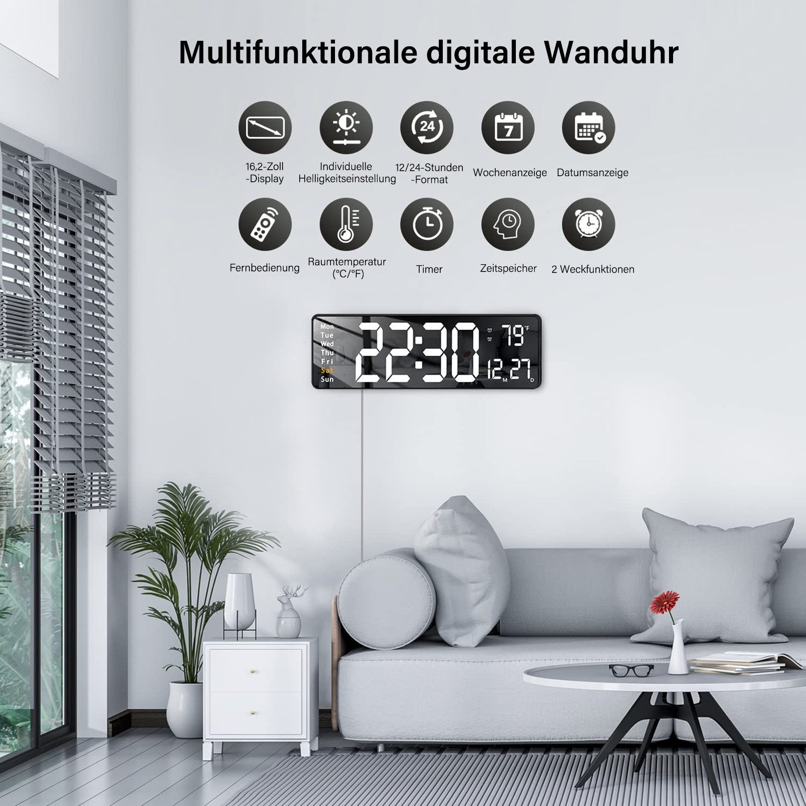 MOPUEA Wanduhr 16-Zoll Wanduhr LED-Digitalwecker mit Fernbedienung, 12/24 Std. – Bild 4 von 5