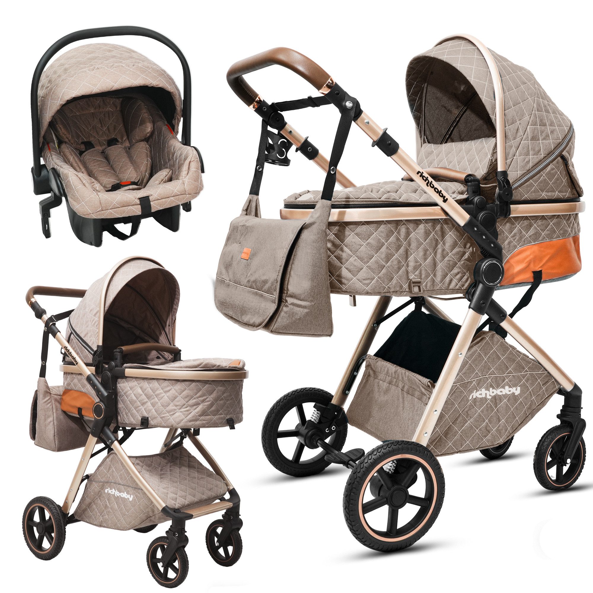 Rich Baby Kombi-Kinderwagen Kombi-Kinderwagen 3-in-1 Set Mit Sportwagen Babywanne & Babyschale, (Verstellbarer Griff + PU-Reifen + Umkehrbarem Liegekorb), Stylischer Buggy Leicht & Kompakt Klappbar Für Stadt & Reise