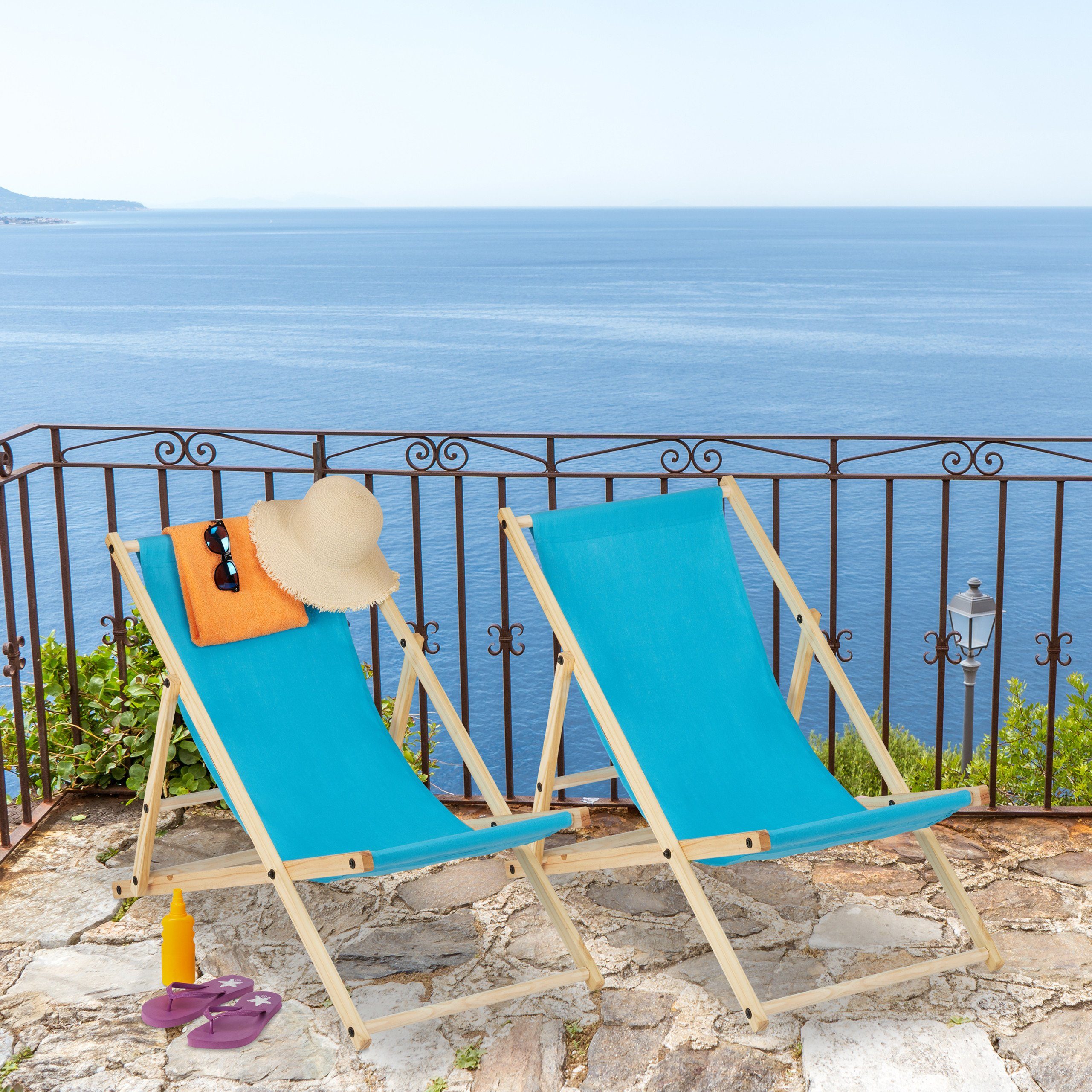 relaxdays Gartenliege Liegestuhl Holz 2er Set, Hellblau günstig online kaufen