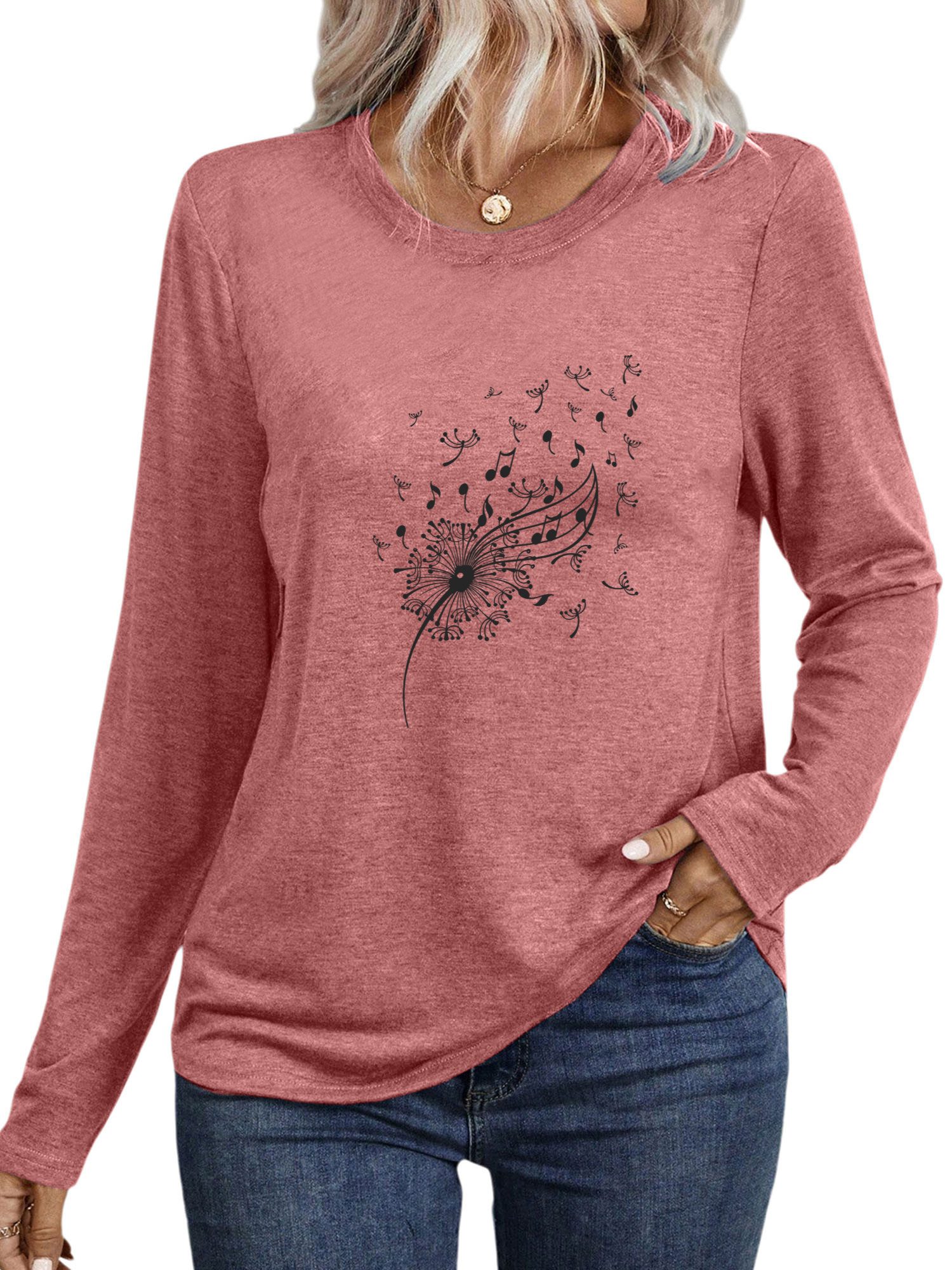 PYLIKE Longsleeve Damen bequemes Longsleeve Shirt Lockere Tops mit Löwenzah günstig online kaufen