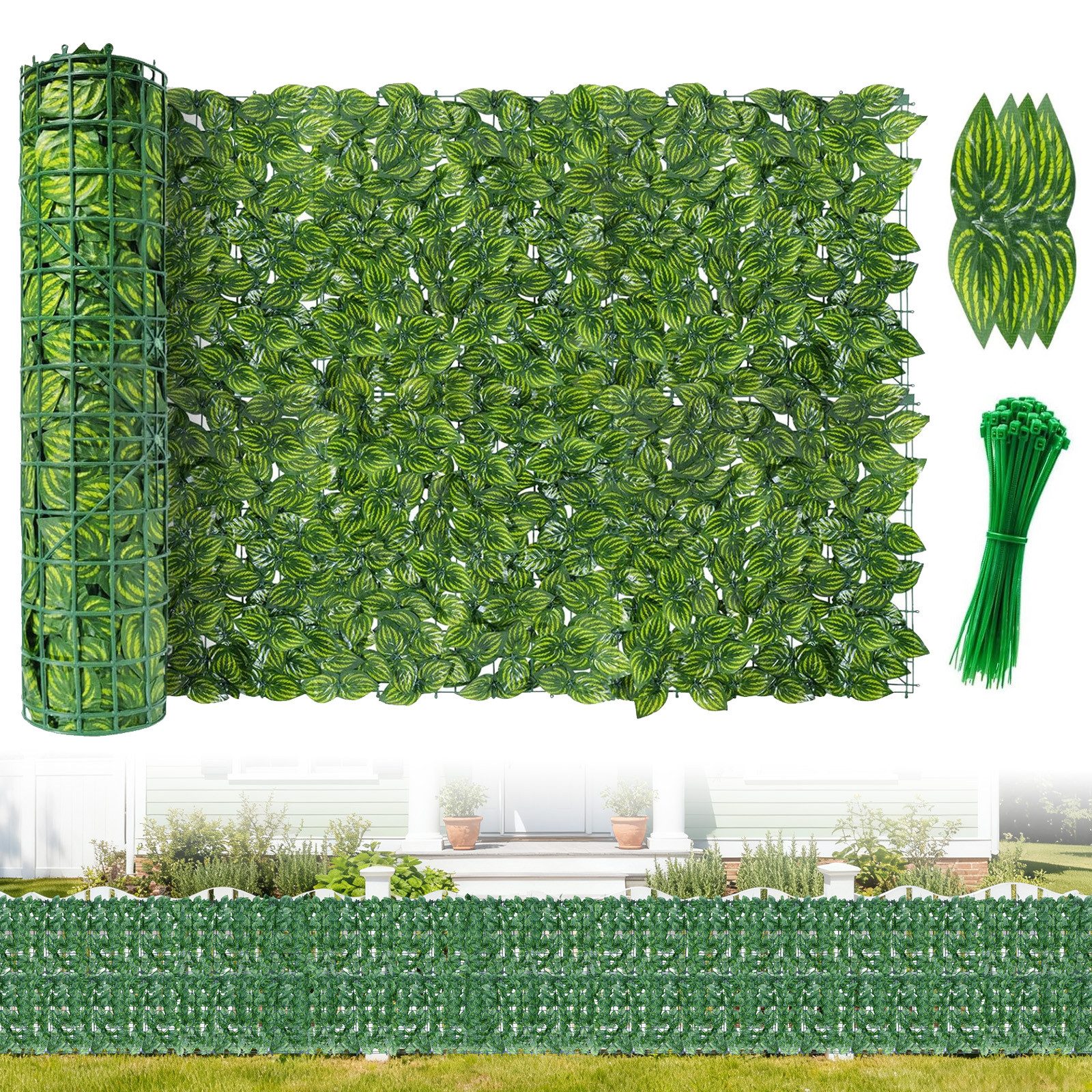BlingBin Balkonsichtschutz Künstliche Efeu Hecke Windschutz, Sichtschutzhecke für Garten, 1x5m (1er Set, 1-St., Inklusive 100 Kabelbinder, Wassermelonenblätter) Sichtschutz Künstliche Hecke für Balkon, Hof, Gartendekoration