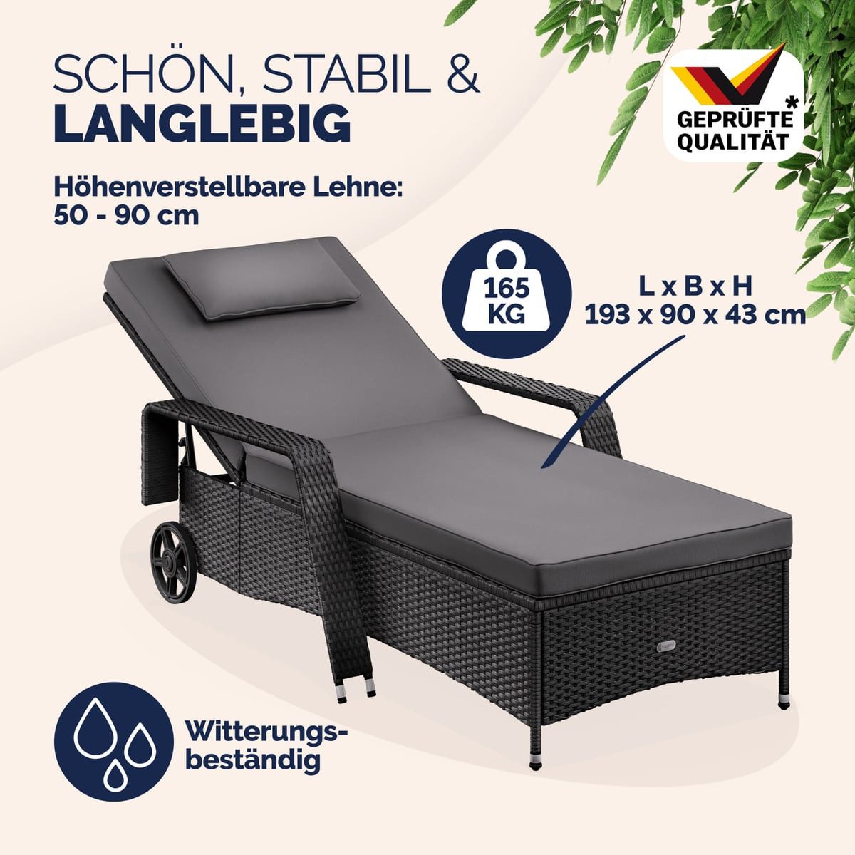 Casaria Gartenliege, 165kg Belastbar 7cm Auflage mit Rollen Sonnenliege 5fach verstellbar