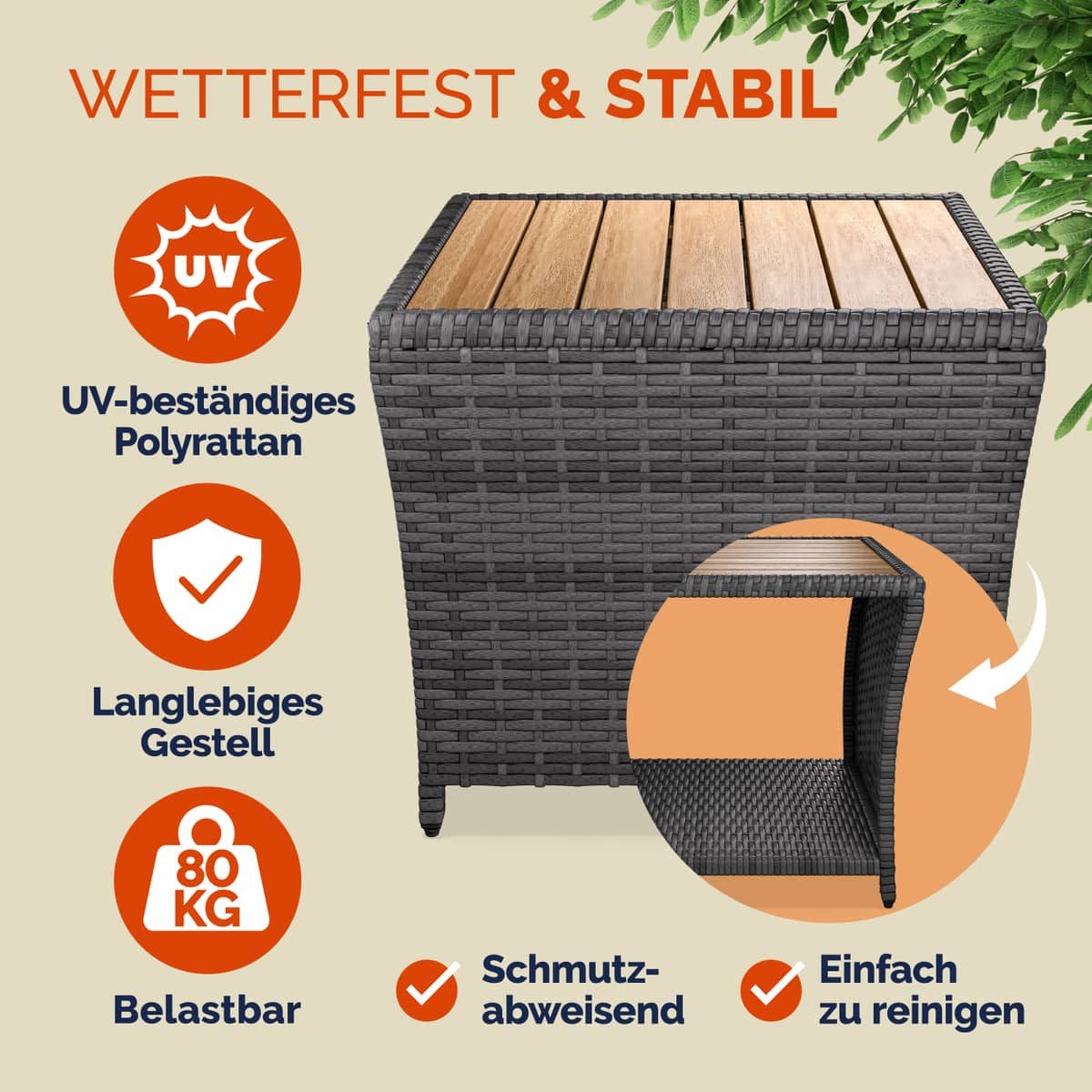 Casaria Beistelltisch, Polyrattan Akazienholz 45x45x40cm Wetterfest 80kg Belastbarkeit Garten