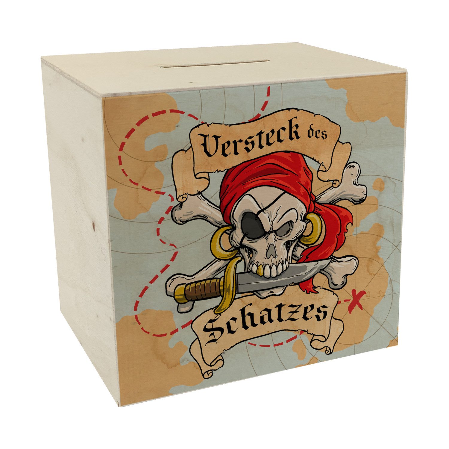 speecheese Spardose Spardose aus Holz für Kinder mit Schatzkarte und Totenkopf Versteck