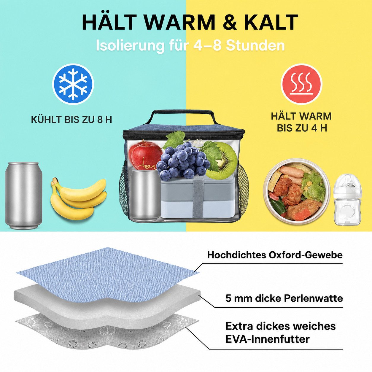 Diwzbyn Lunchbox Lunchbag Isoliert Unisex, Kühltasche, Auslaufsicher mit 4 Taschen, Mit verstellbarem Schulterriemen, für Arbeit, Picknick & Reisen – Bild 3 von 5