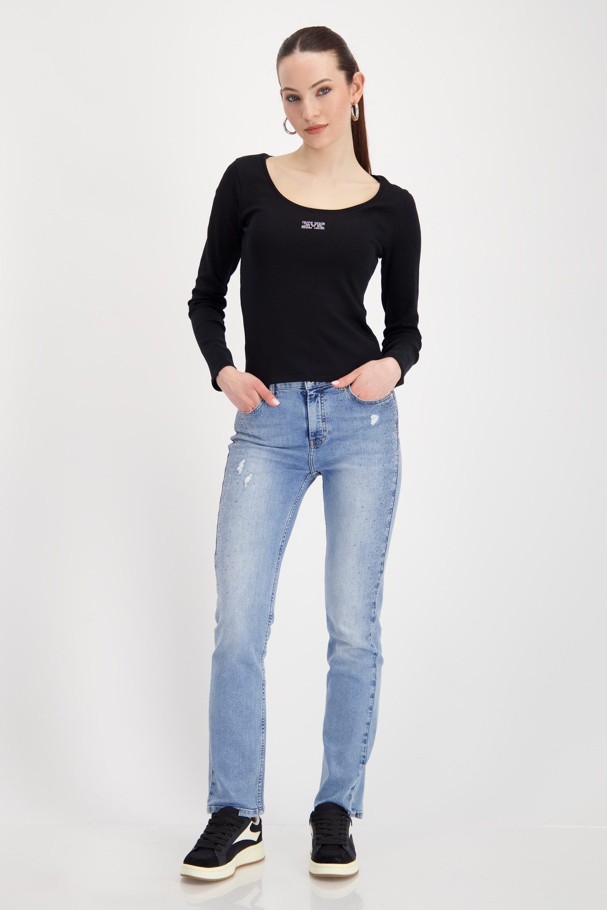 Monari Langarmshirt Shirt Rippe Schmuck Mit weitem Rundhalsausschnitt