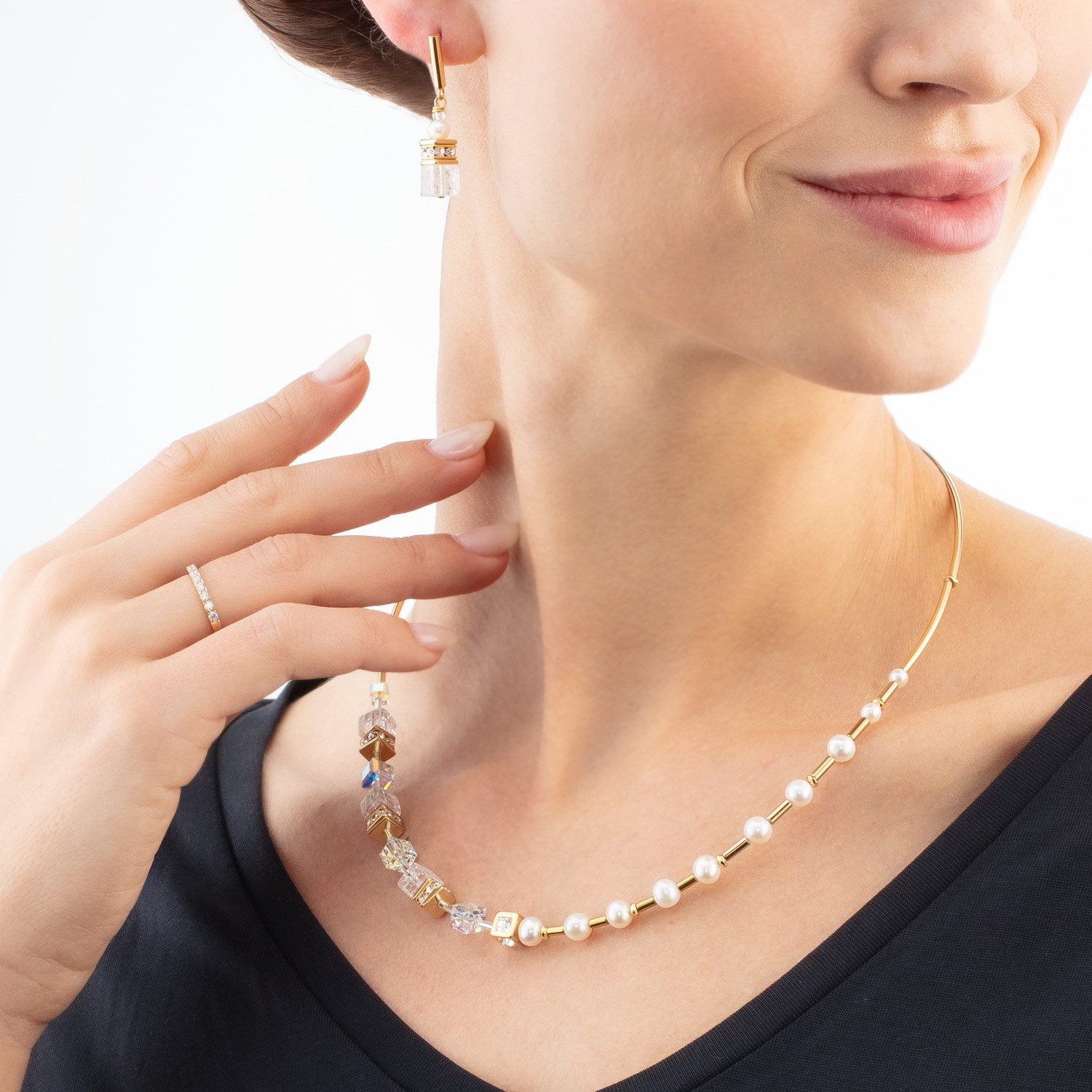 COEUR DE LION Paar Ohrstecker Schmuck Edelstahl GeoCUBE® Fusion Precious Pearl Mix Würfelkette, Made in Germany - mit Steinen - mit Süßwasserzuchtperle