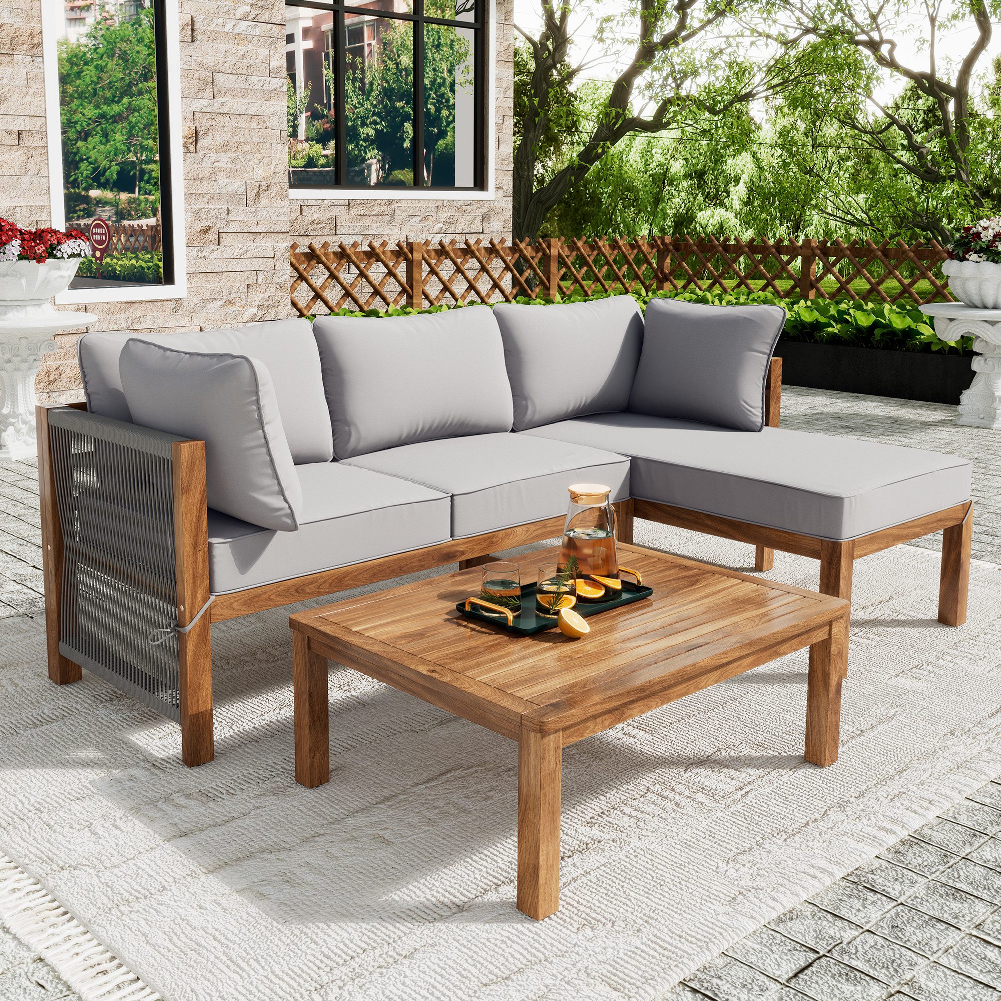 MODFU Gartenlounge-Set für 4 Personen, (Gartenmöbel Set aus Akazie, 3-tlg., 2 Eckbänke, 1 Couchtisch), mit Sitzkissen und Kissen, verstellbaren Beinen