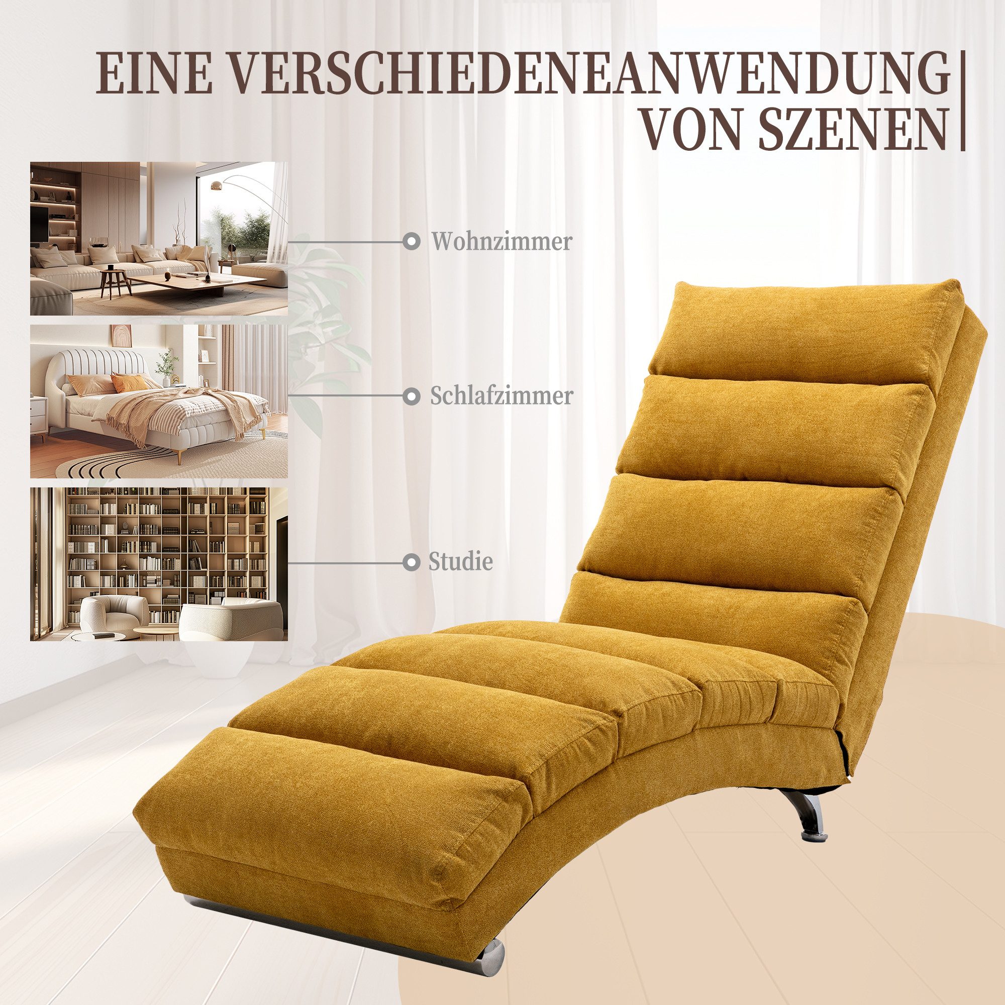 Totnz Relaxliege mit Massagefunktion, Leinenbezug, ergonomische Rückenlehne 140°, gepolstert mit Knopfheftung, Seitentasche, stabiler Holzrahmen & Stahlbeine