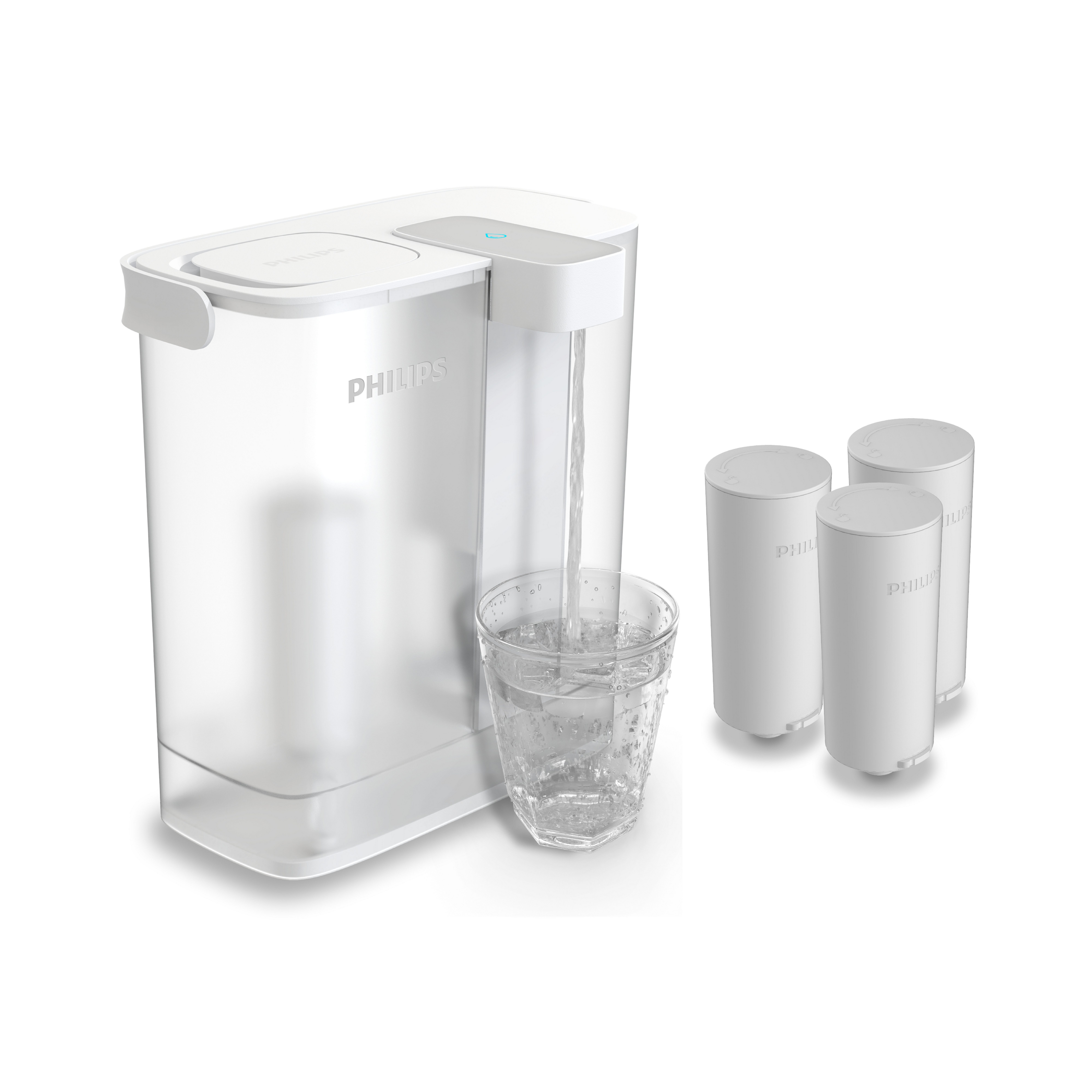Philips Kalk- und Wasserfilter Philips Instant Tischwasserfilter-Spender 3L inkl. 3 Ersatzfilter, Zubehör für Filterkartuschen AWP225, Nutzungsabhängige Anzeige der Filterlebensdauer