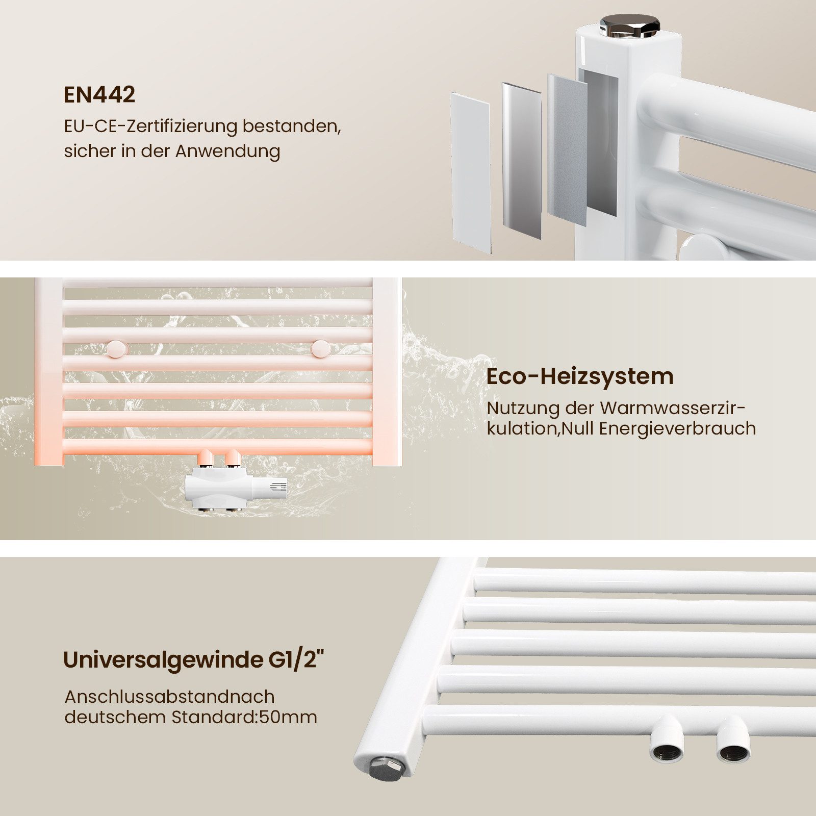 MEYKOERS Badheizkörper Handtuchheizkörper Mittelanschluss Handtuchtrockner für Badezimmer, Weiß/Anthrazit, Mittelanschluss oder seitlicher Anschluss