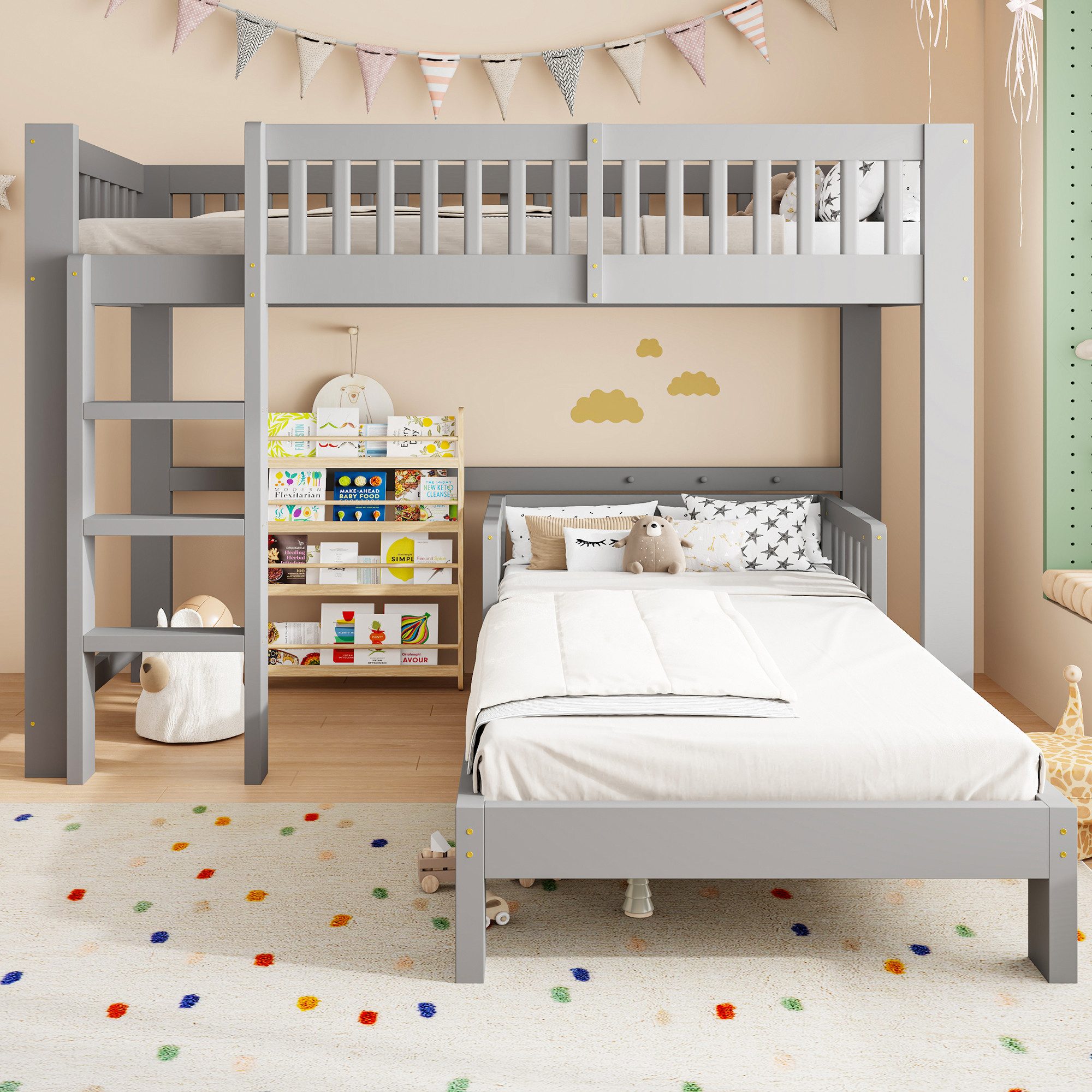 Merax Etagenbett 90x200cm mit 2 Einzelbetten, Stockbett Massivholz Hochbett (1-St), Kinderbett mit Absturzsicherung, abgerundete Kanten & Lattenrost