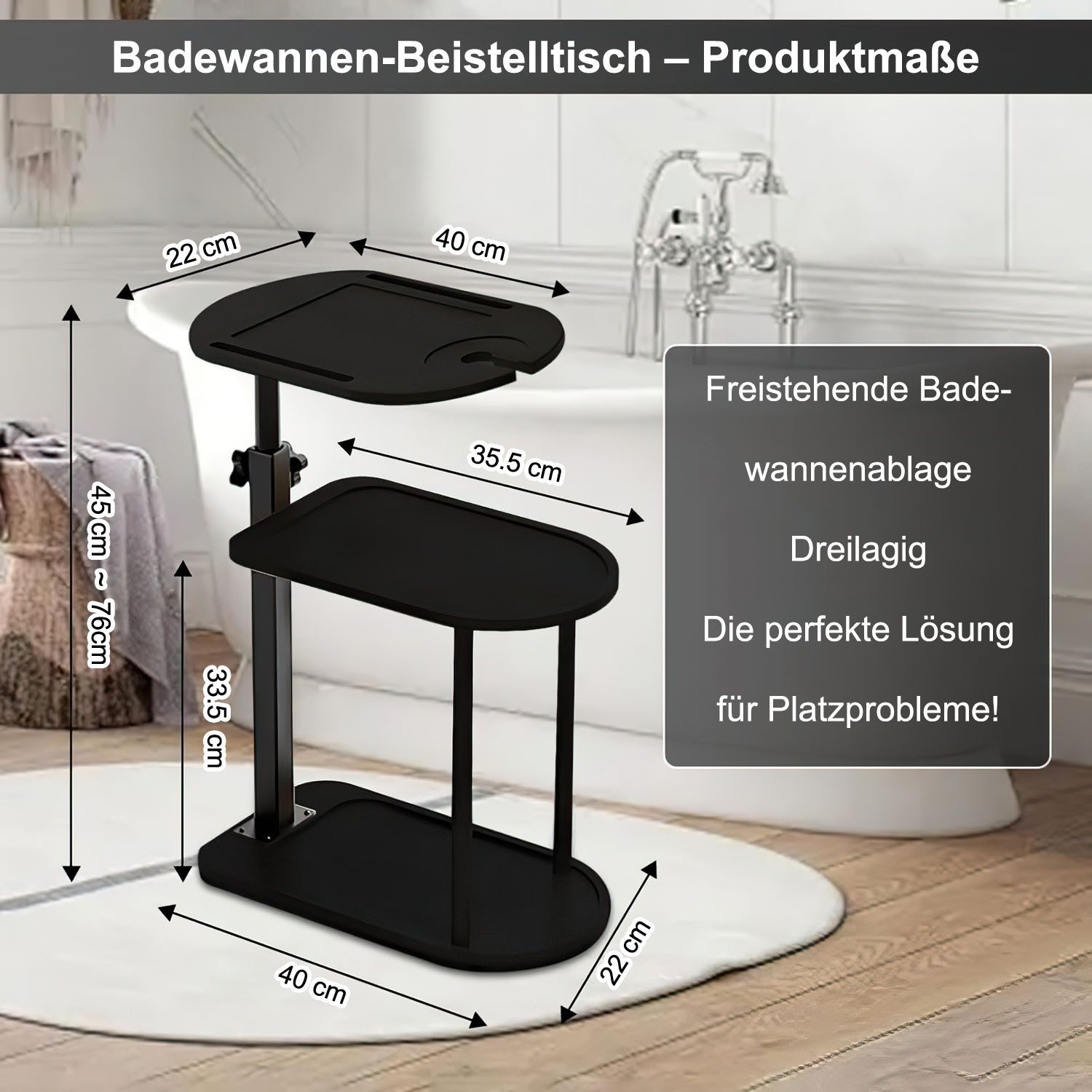 HEYHIPPO Duschregal Dreischichtiges Bambus-Lagerregal über dem Badewannen-Beistelltisch, Beistelltisch höhenverstellbar 45~76 cm, drehbare Tischplatte 44×22 cm, – Bild 3 von 5