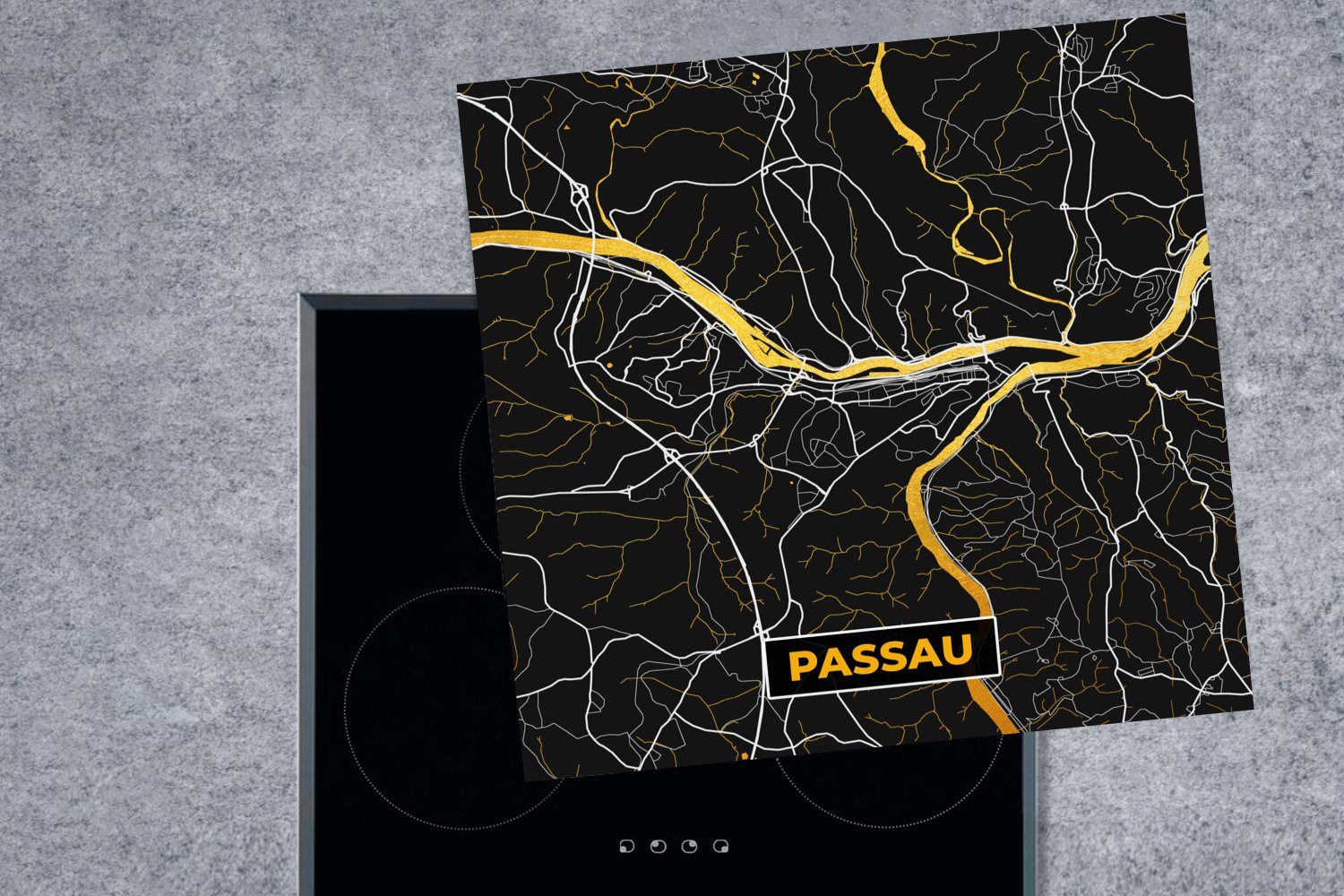 MuchoWow Herdblende-/Abdeckplatte Karte - Stadtplan Arbeitsplatte für tlg), Passau - küche cm, (1 Deutschland Gold, 78x78 Vinyl, - - Ceranfeldabdeckung