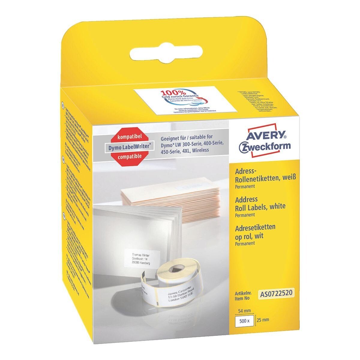 Avery Zweckform Thermorolle AS0722520, entspricht DYMO® S0722520, 500 Adress-Etiketten 25/54 mm