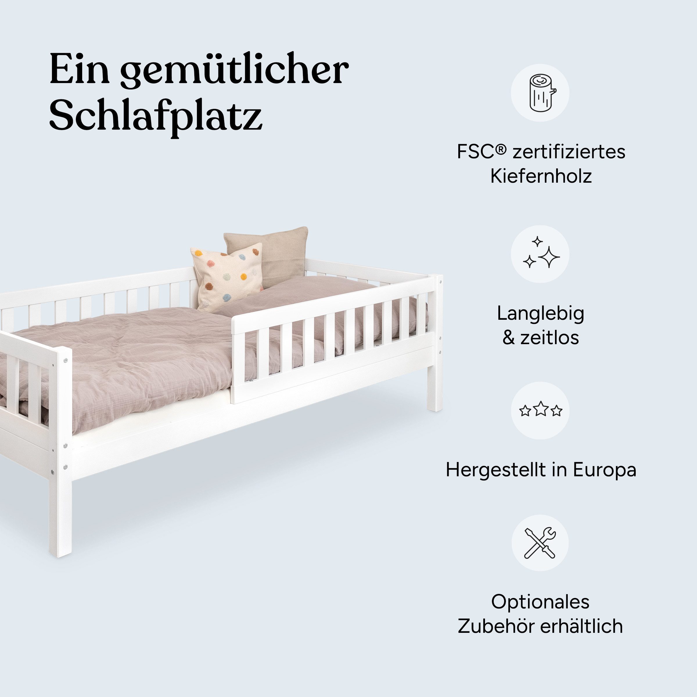 Ehrenkind Kinderbett Lille aus massivem Kieferholz inkl. Rollrost und Rausfallschutz (90x200 cm Weiß, 2-in-1: Mit optionalem Umbauset zum Bodenbett umbaubar), flexibler Rausfallschutz beidseitig montierbar