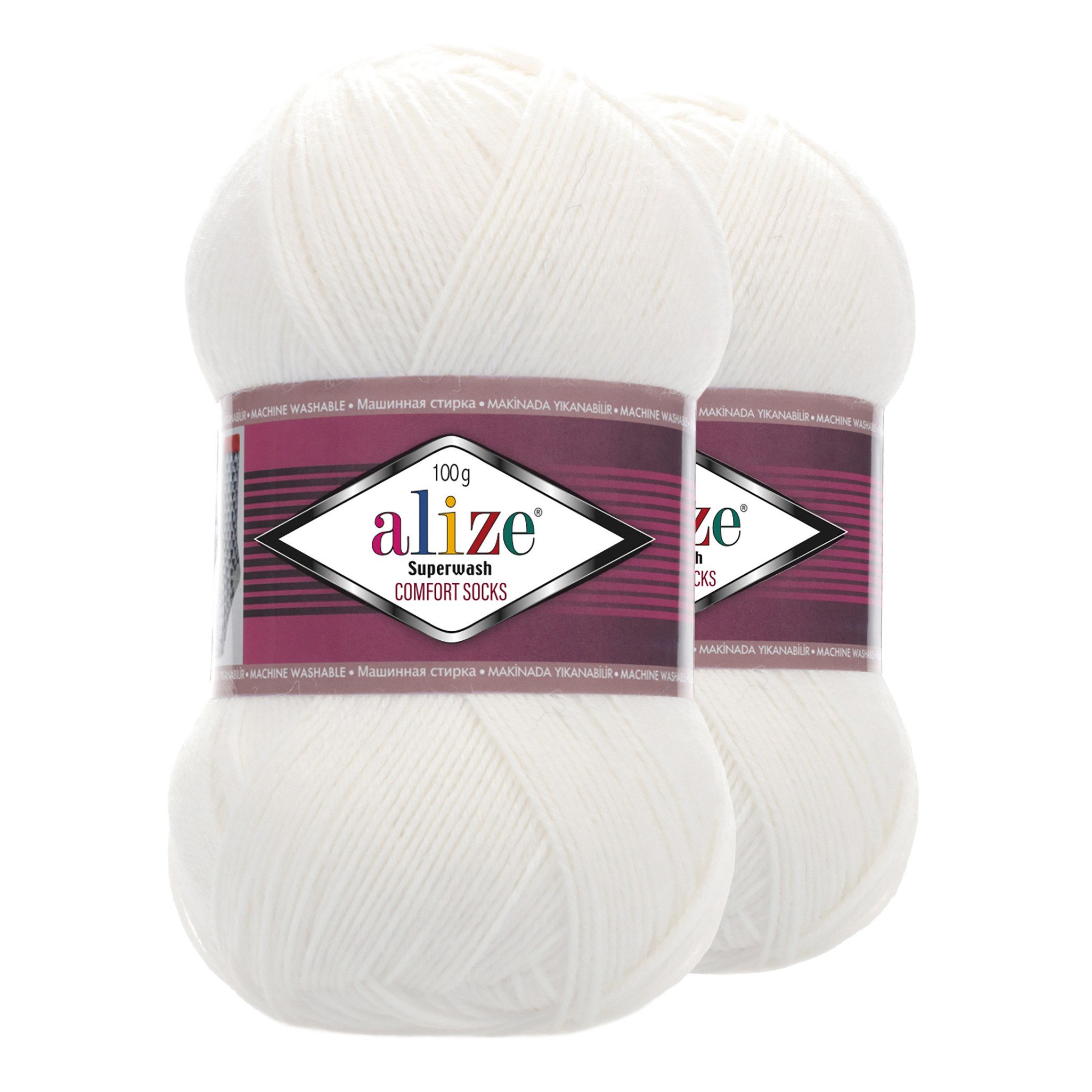 Alize 2 x 100g Sockenwolle Superwash Comfort Häkelwolle, 840 m (2-St), 55 weiß
