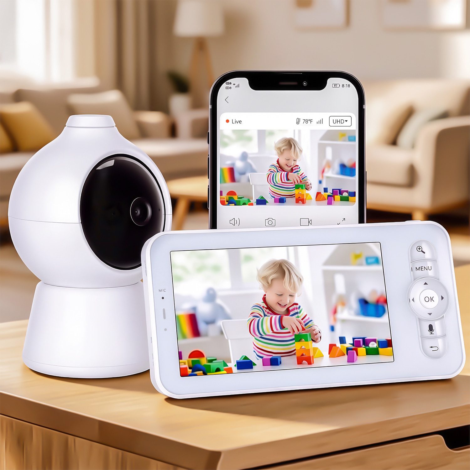 oyajia Babyphone Babyphone mit Kamera, Video Baby Monitor, Video-Babyphone, Infrarot-Nachtsicht, Temperaturanzeige, Schlaflieder, Zwei-Wege-Audio, Gegensprechfunktion, Smart VOX-Modus, Extra großer 5'' IPS-Bildschirm