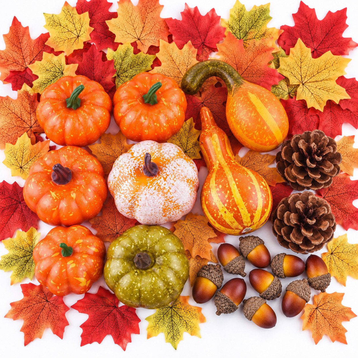 Sorvyzxn Dekofigur Künstliche Kürbisse 70/166er Set, Herbstdeko mit Zapfen & Blättern (70 St), Mini-Kürbisse, Tannenzapfen & Eicheln für Halloween & Herbst