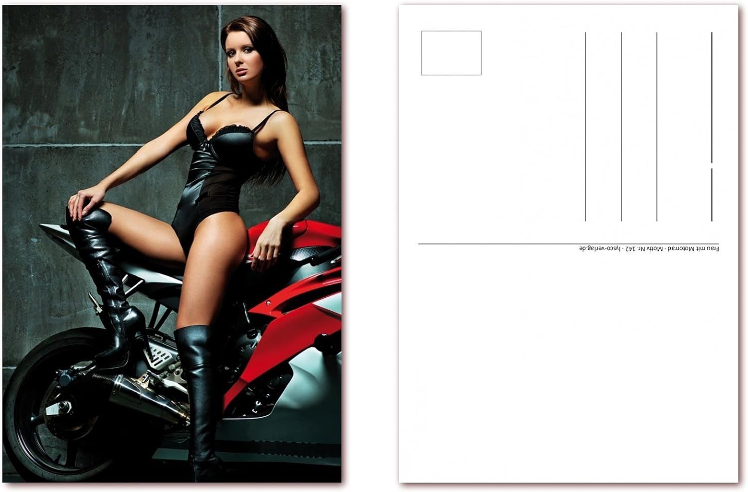 LYSCO Ansichtskarte Postkarten sexy Frau auf Motorrad (PKT-142) DIN A6 (105 x 148 mm), besonders gut beschreibbar mit allen Schreibmaterialien