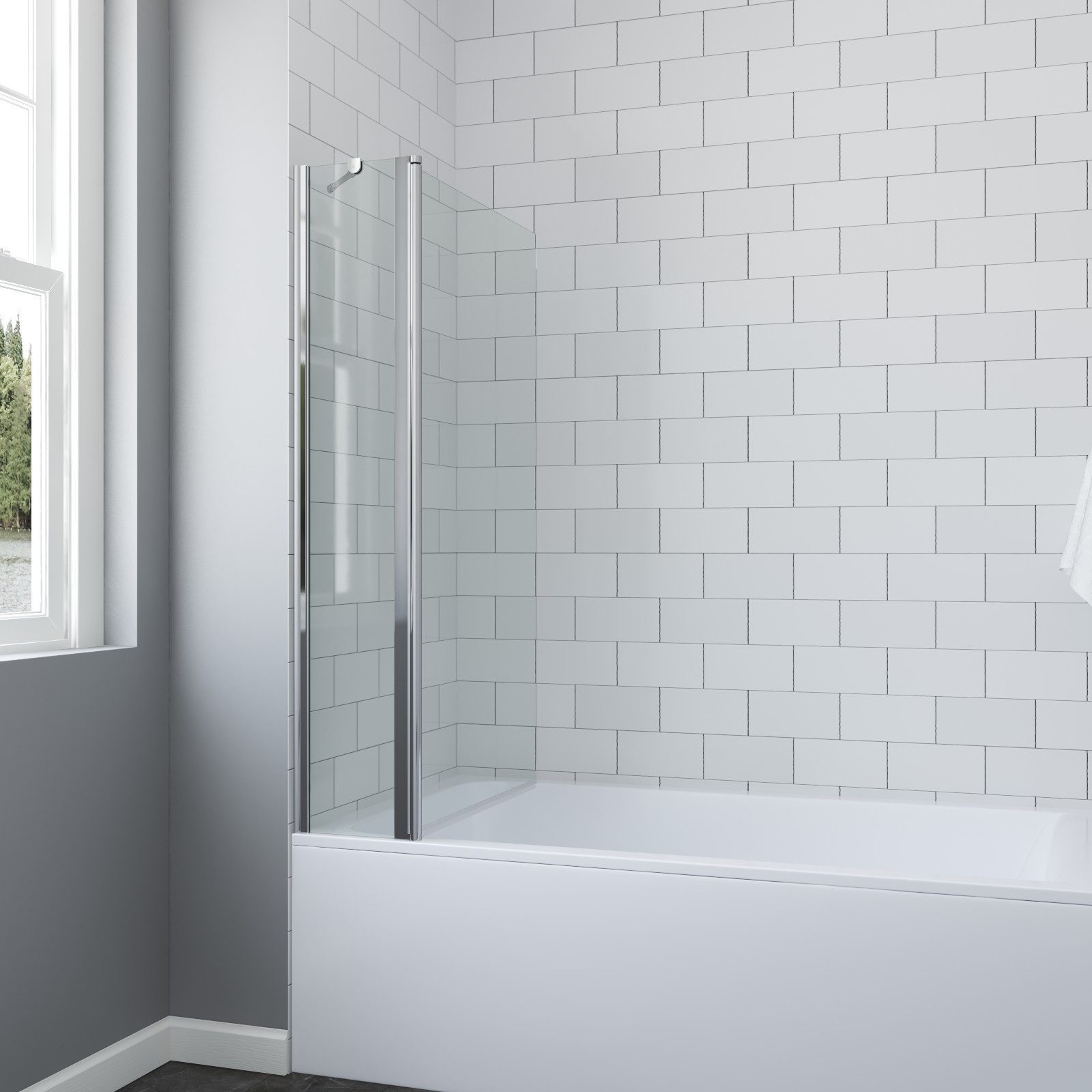AQUALAVOS Badewannenaufsatz Badewannen Duschwand Glas 2-teilig 99,5 x 140 cm Rahmenlos Chromoptik, 6 mm Einscheiben-Sicherheitsglas (ESG) Beidseitig öffnend, mit Festteil Hebe-/Senkfunktion Chrom Aluprofil Wartungsarm Langlebig