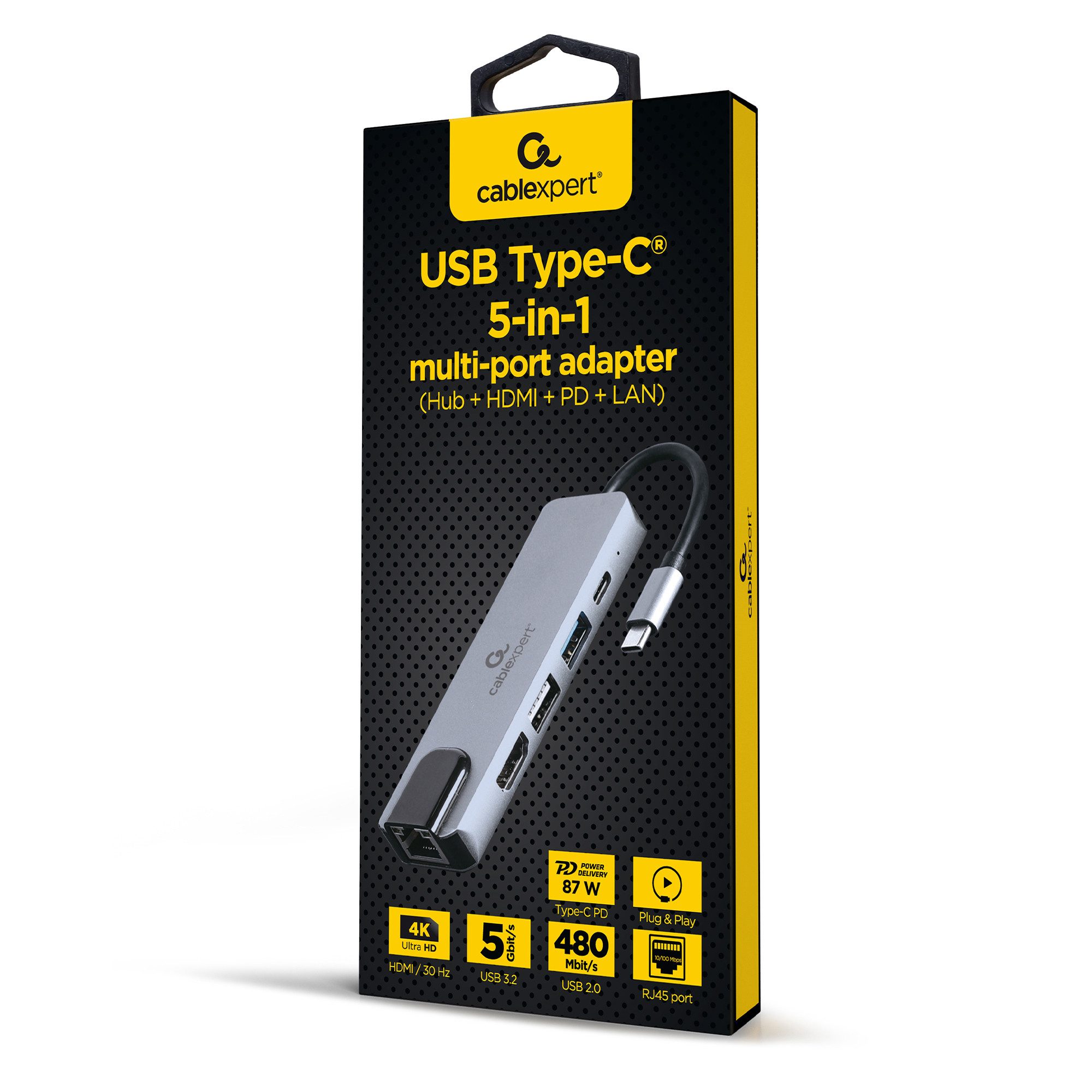 Gembird A-CM-COMBO5-04 Adapter 5-in-1: USB-Hub mit 3 Anschlüssen, 4K HDMI und USB Typ-C PD Ladeunterstützung zu Plug & Play, 2-Port USB 3.2 Gen 1 (5 Gbit/s) Hub, 5-in-1: USB-Hub mit 3 Anschlüssen